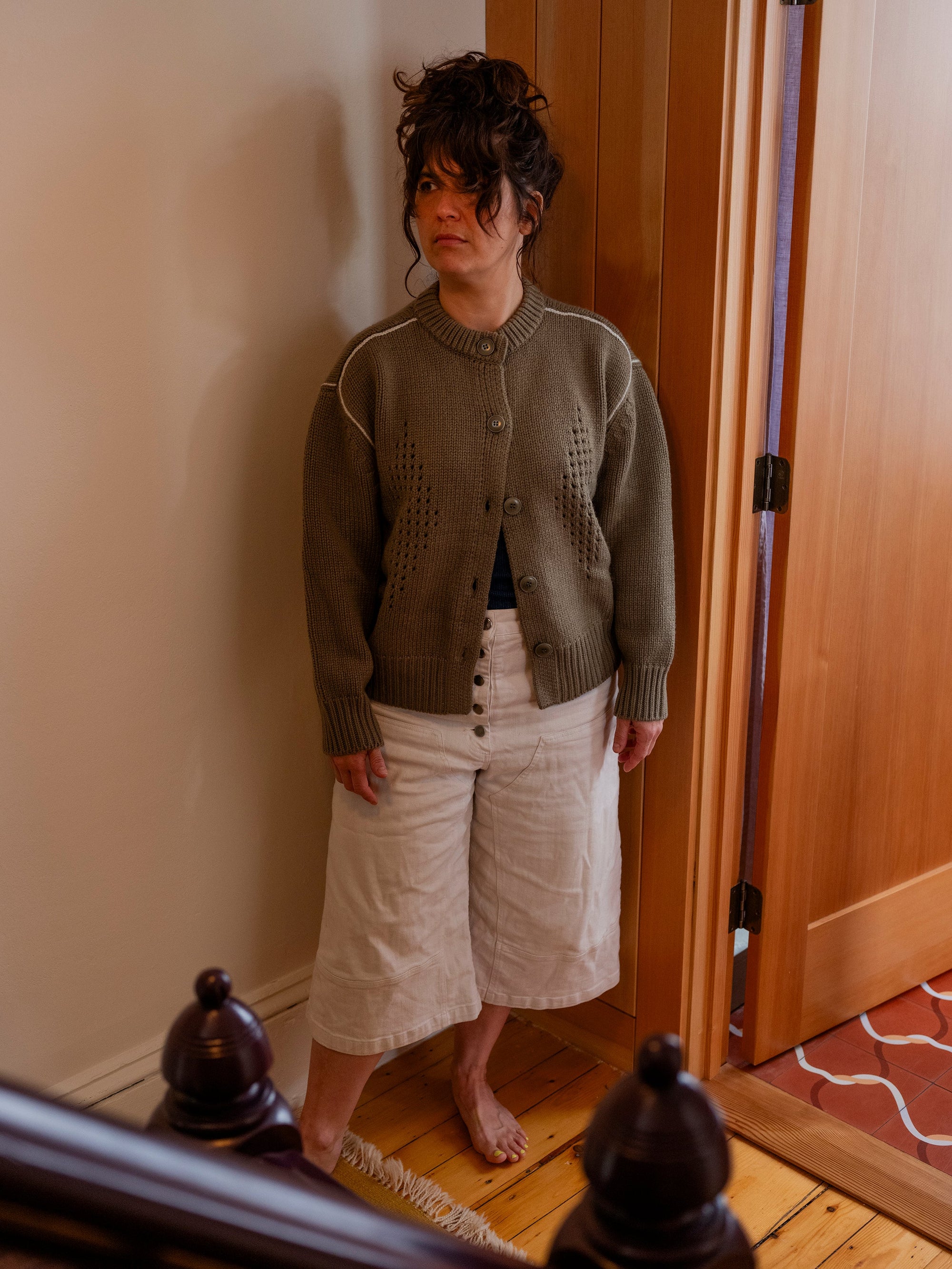 Diamond Eyelet Cardigan - Moss