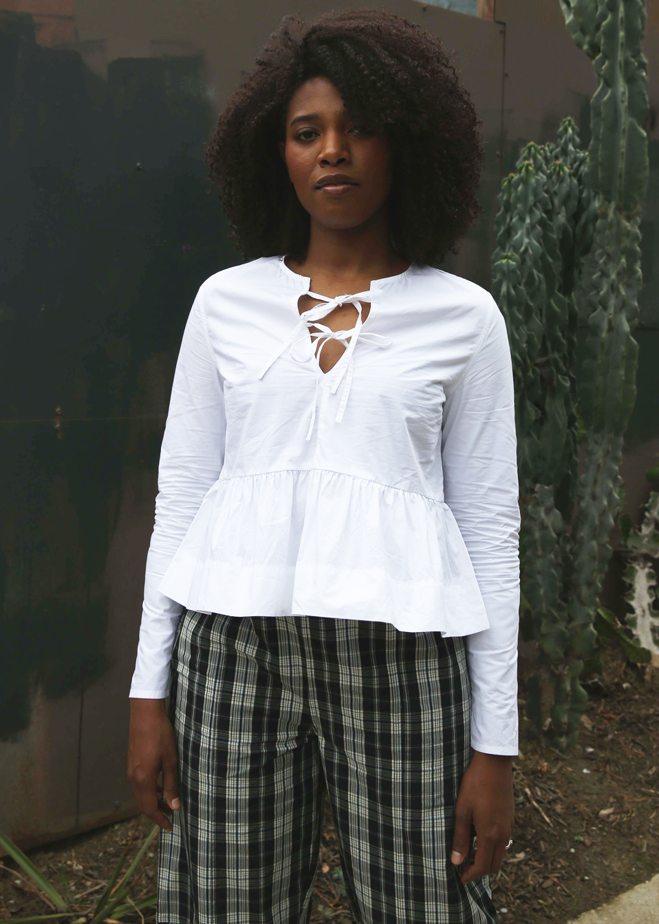 Cotton Poplin Tie Front Peplum Blouse - Bright White