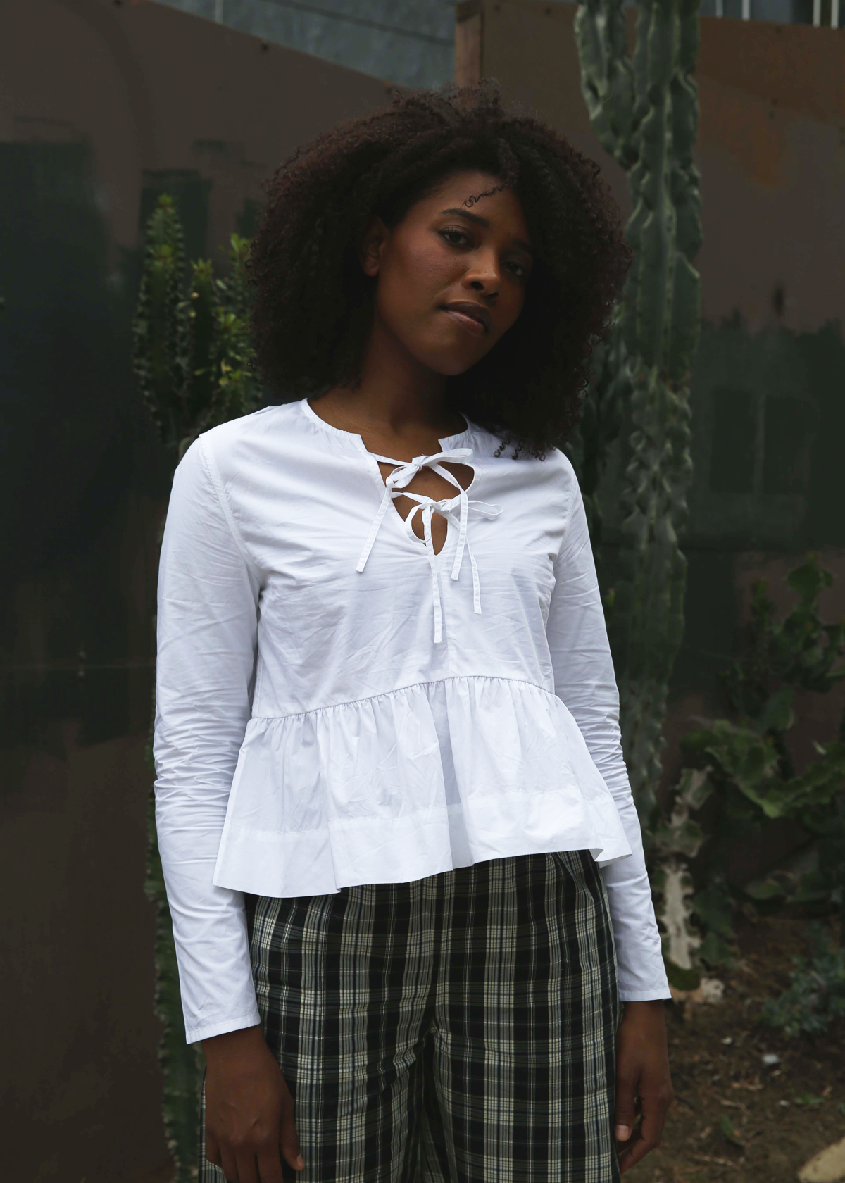 Cotton Poplin Tie Front Peplum Blouse - Bright White