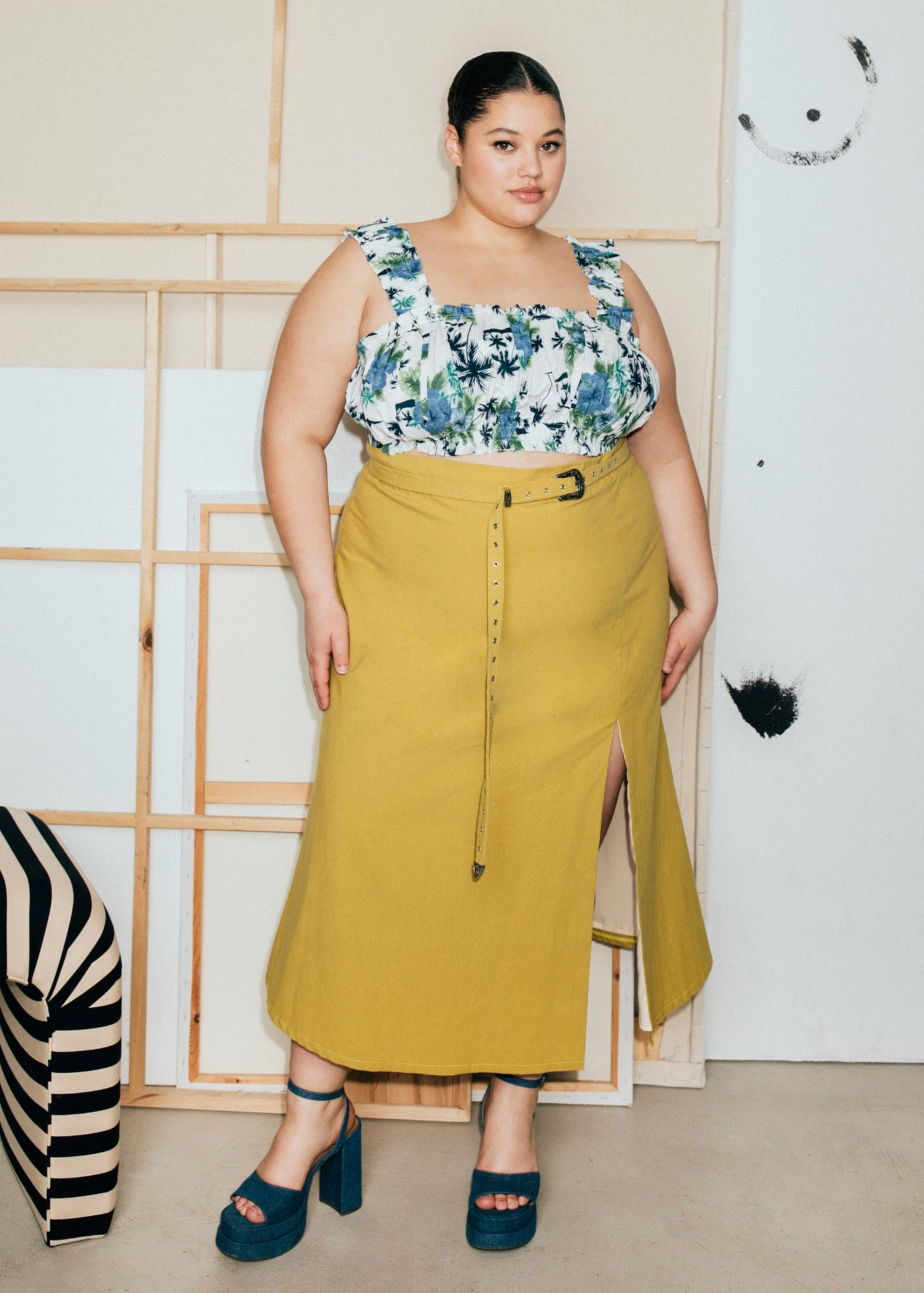 Belted A-Line Skirt - Green