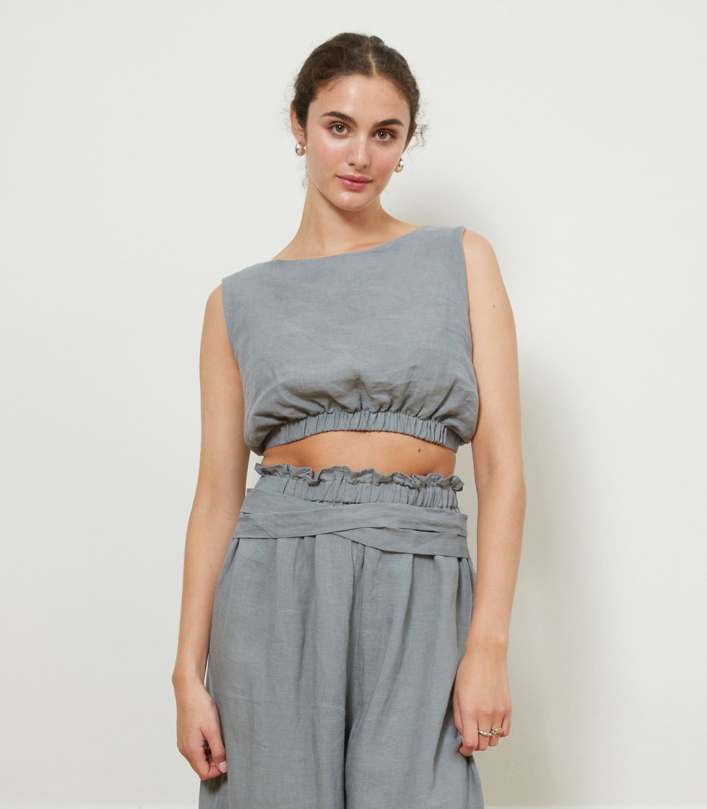 Carla Cropped Linen Top - Blue