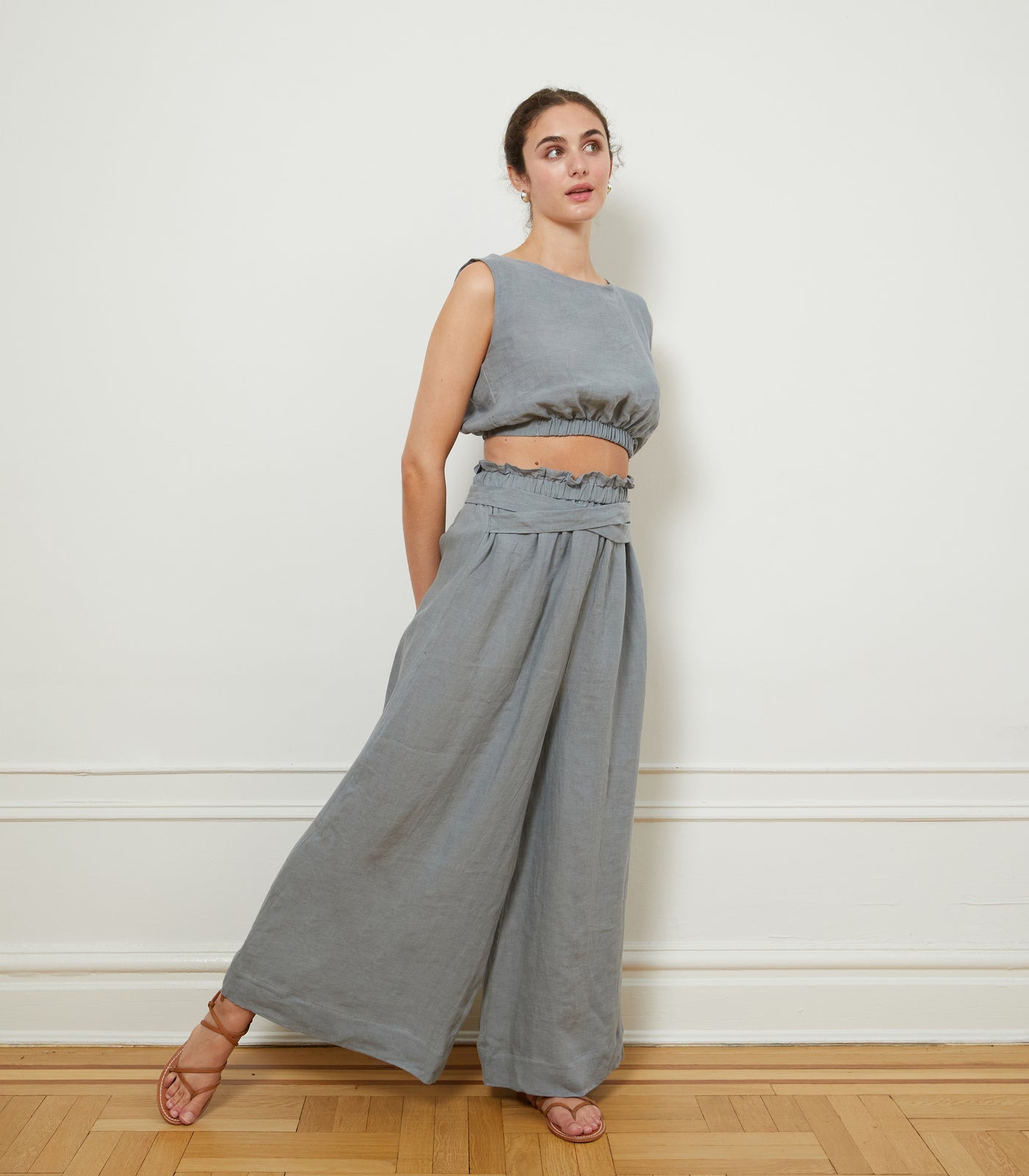 Andy Draped Wide Linen Pants - Blue