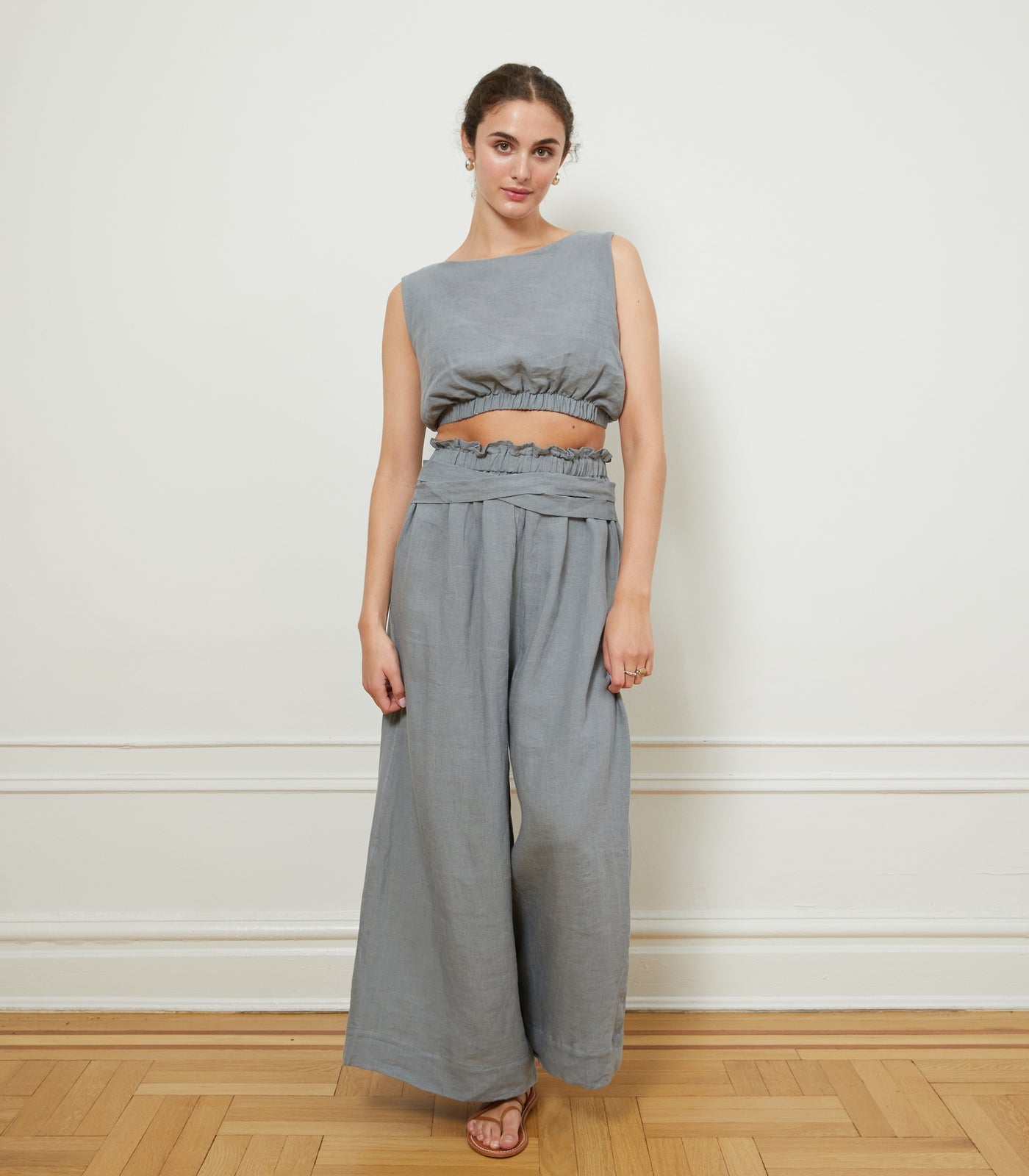 Andy Draped Wide Linen Pants - Blue