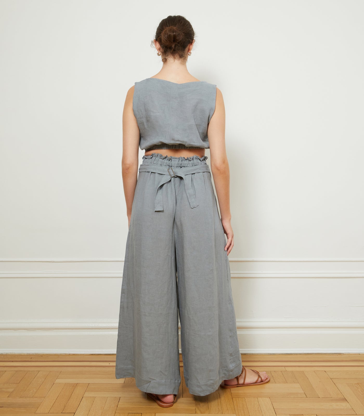 Andy Draped Wide Linen Pants - Blue