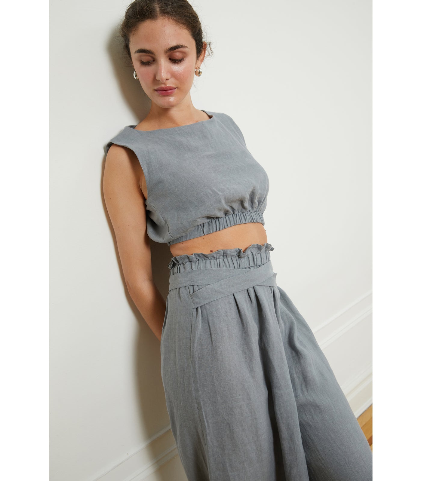 Carla Cropped Linen Top - Blue