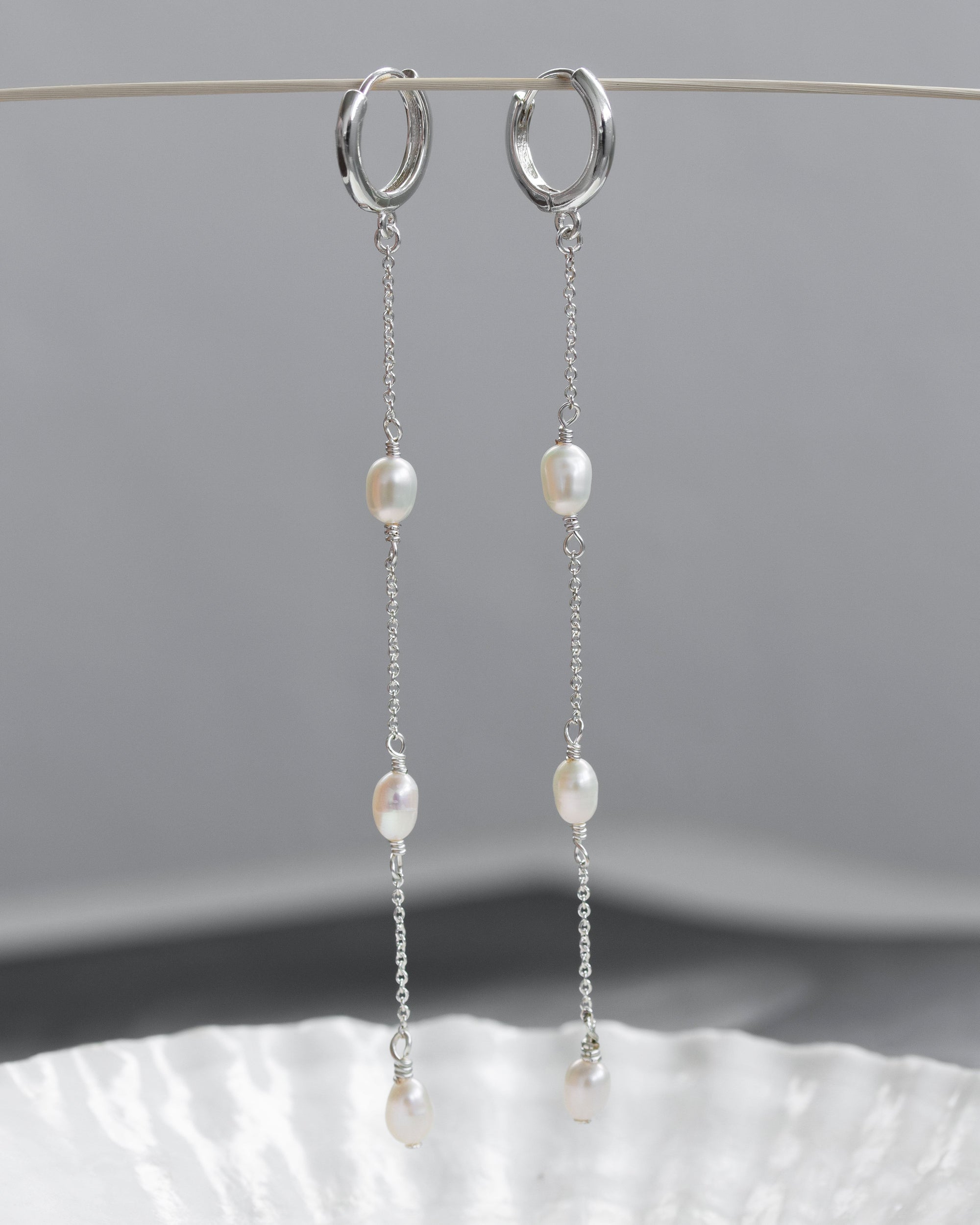Stacked Pearl Huggie Hoop Earrings Silver