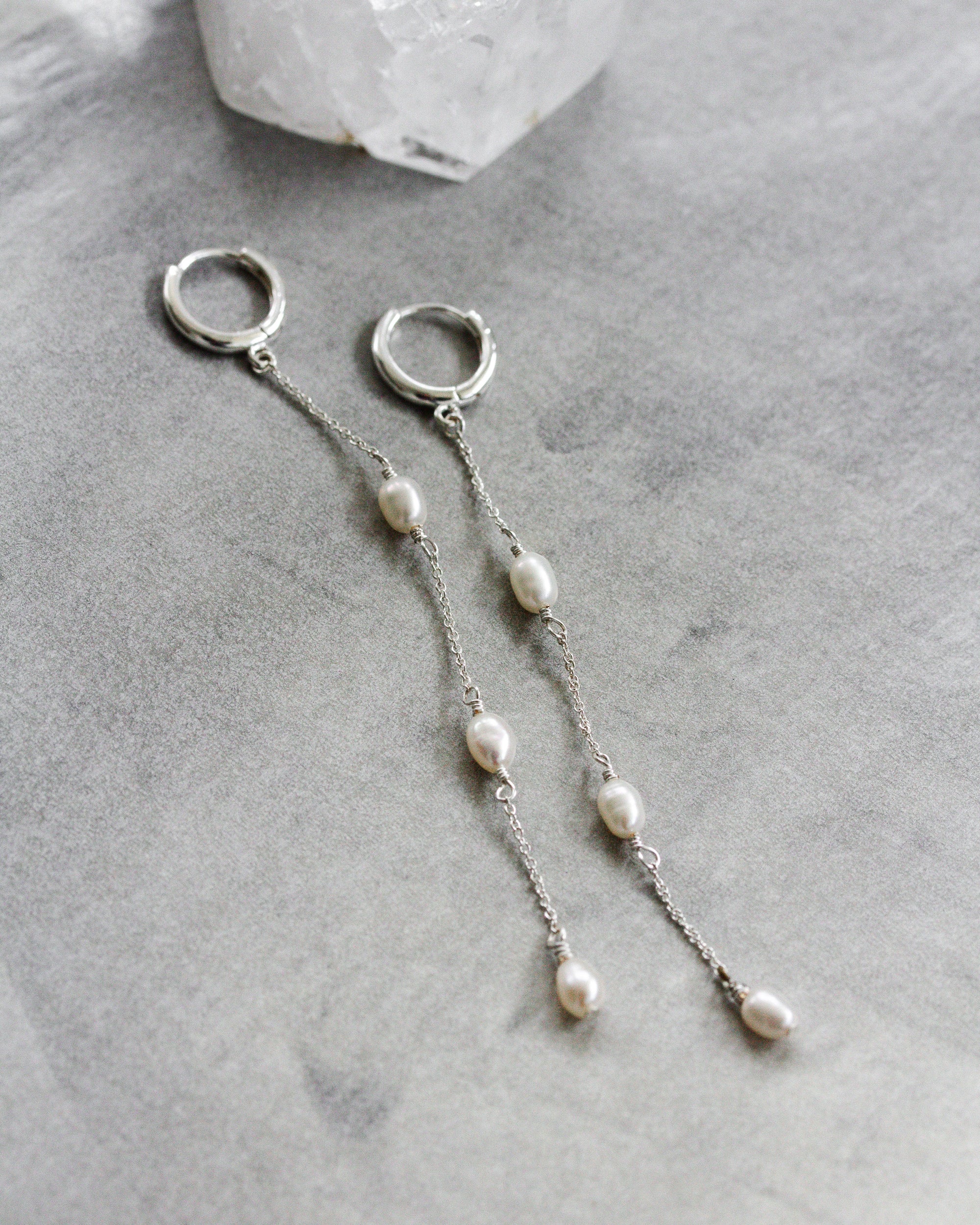 Stacked Pearl Huggie Hoop Earrings Silver