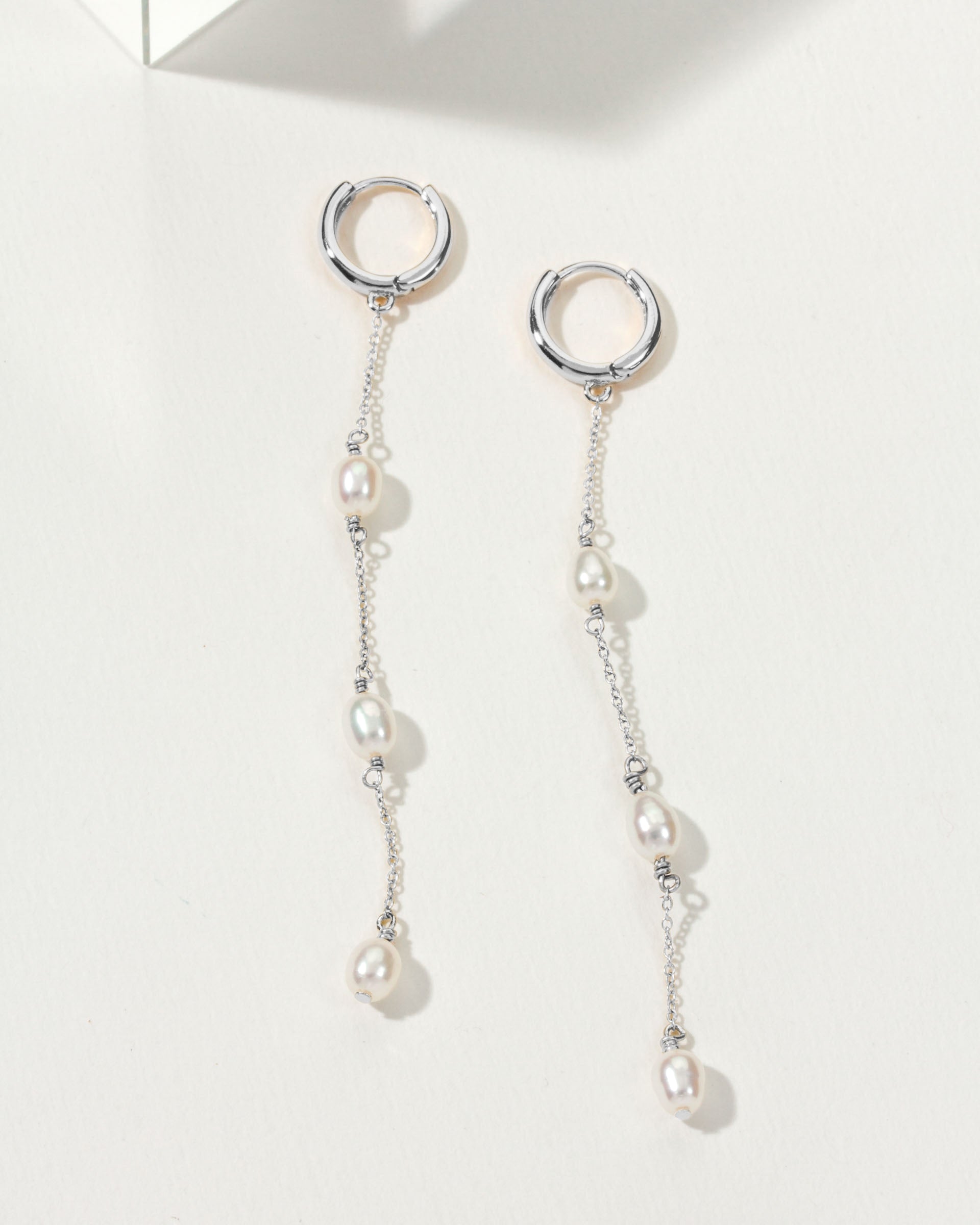 Stacked Pearl Huggie Hoop Earrings Silver
