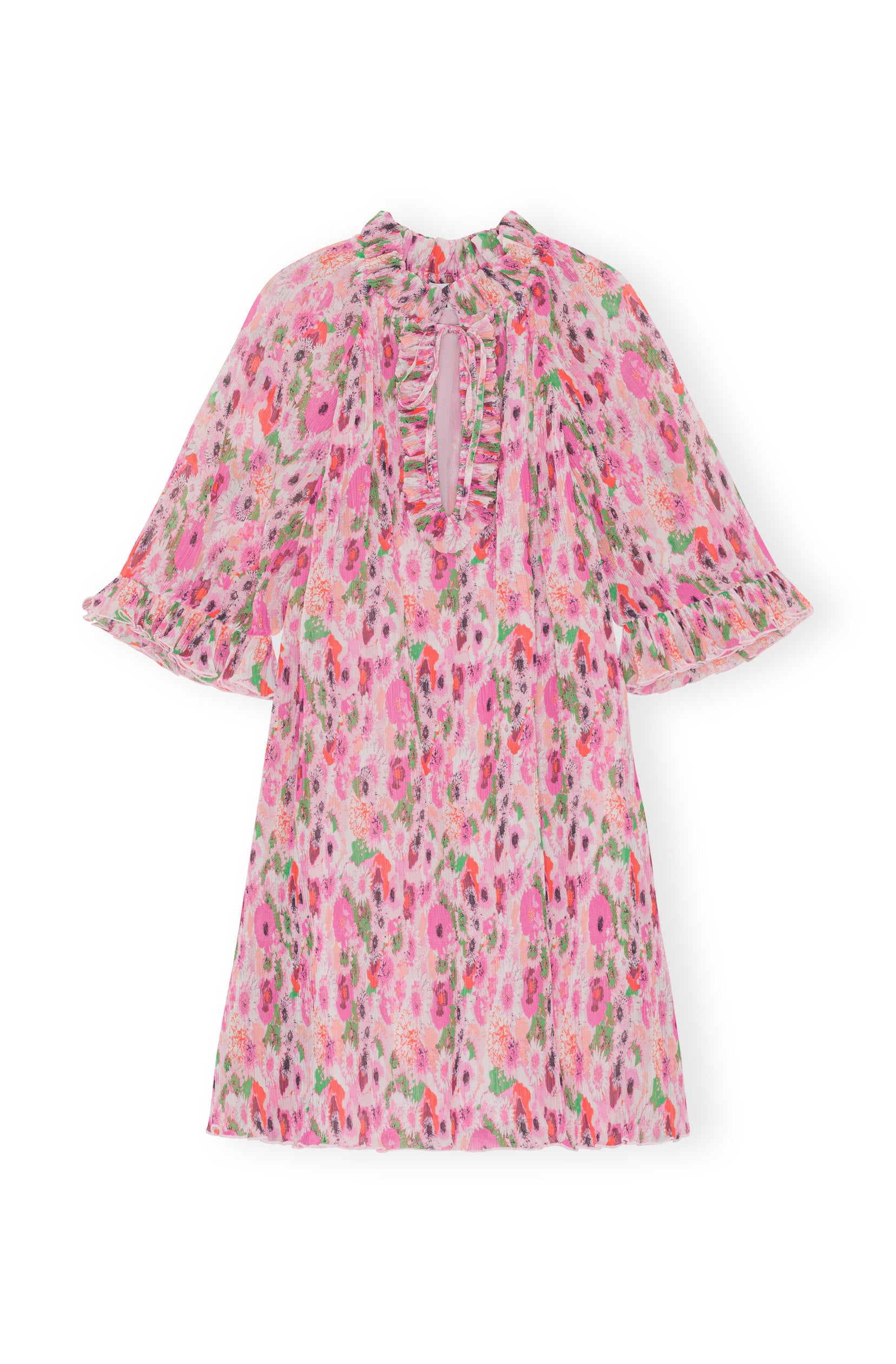 Pleated Georgette Ruffle V-neck Mini Dress - Sugar Plum