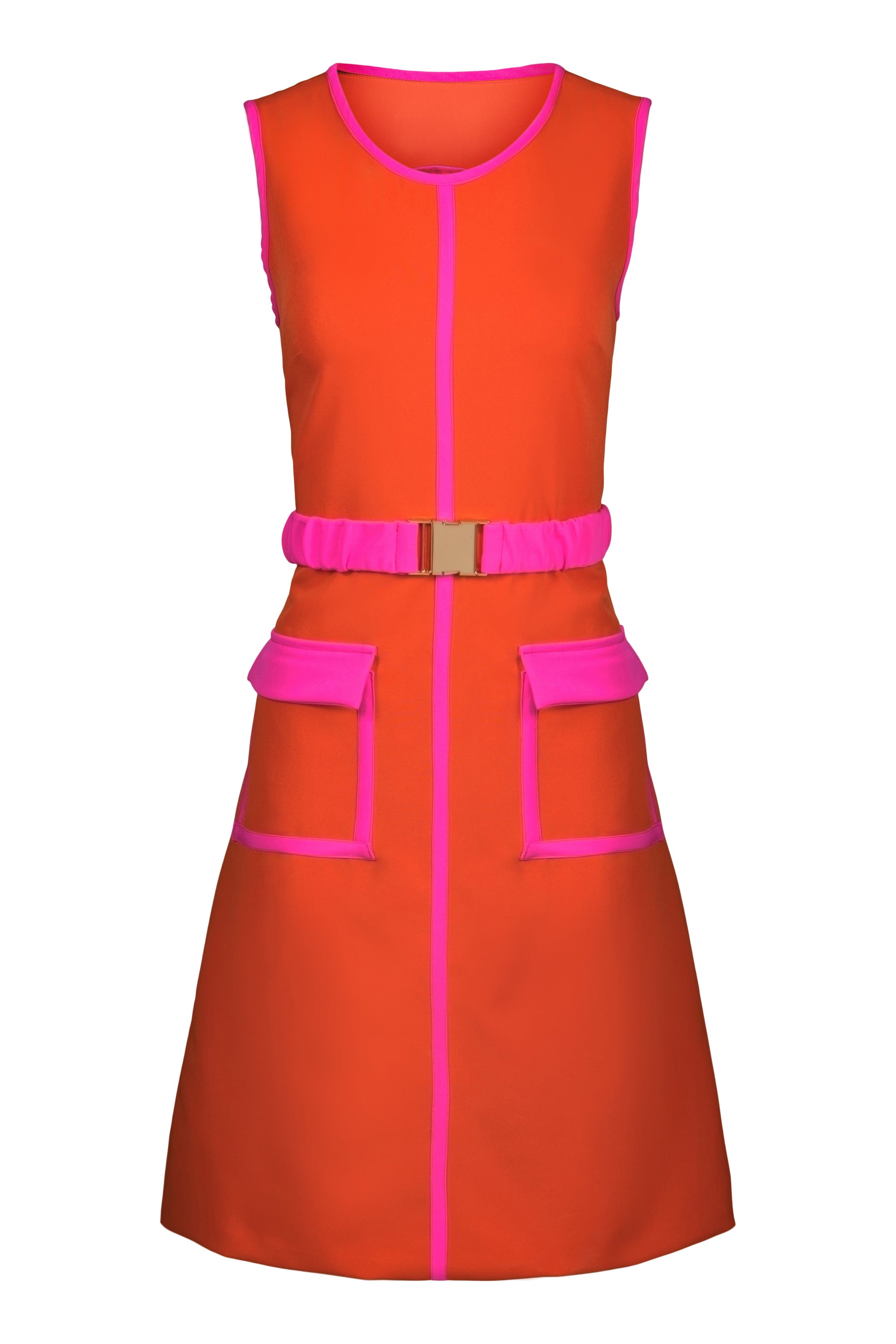 60's Belted A-Line Piped Dress - Pink & Orange