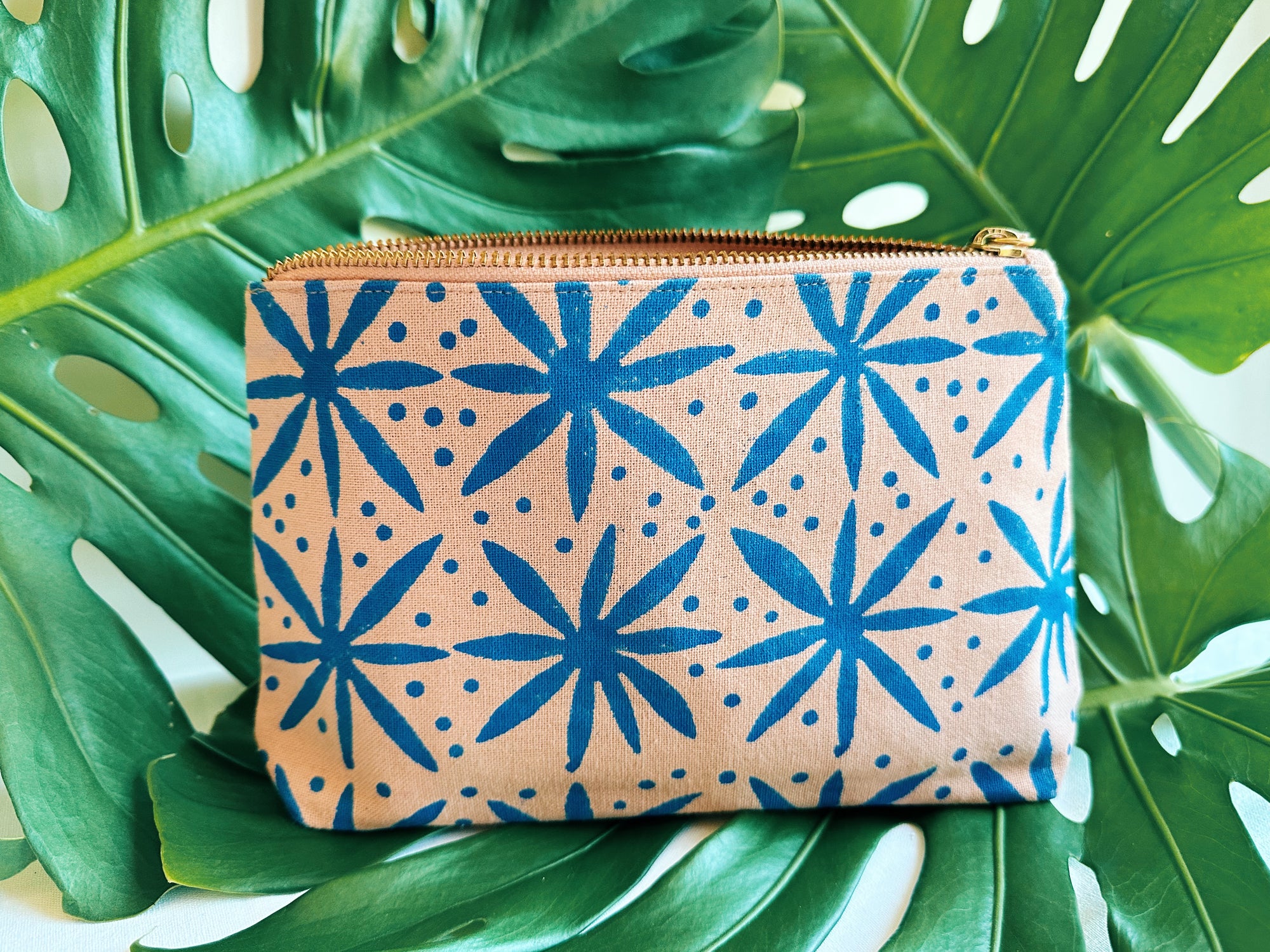 Julie Peach - Blue Floral Dots Block Printed Pouch -