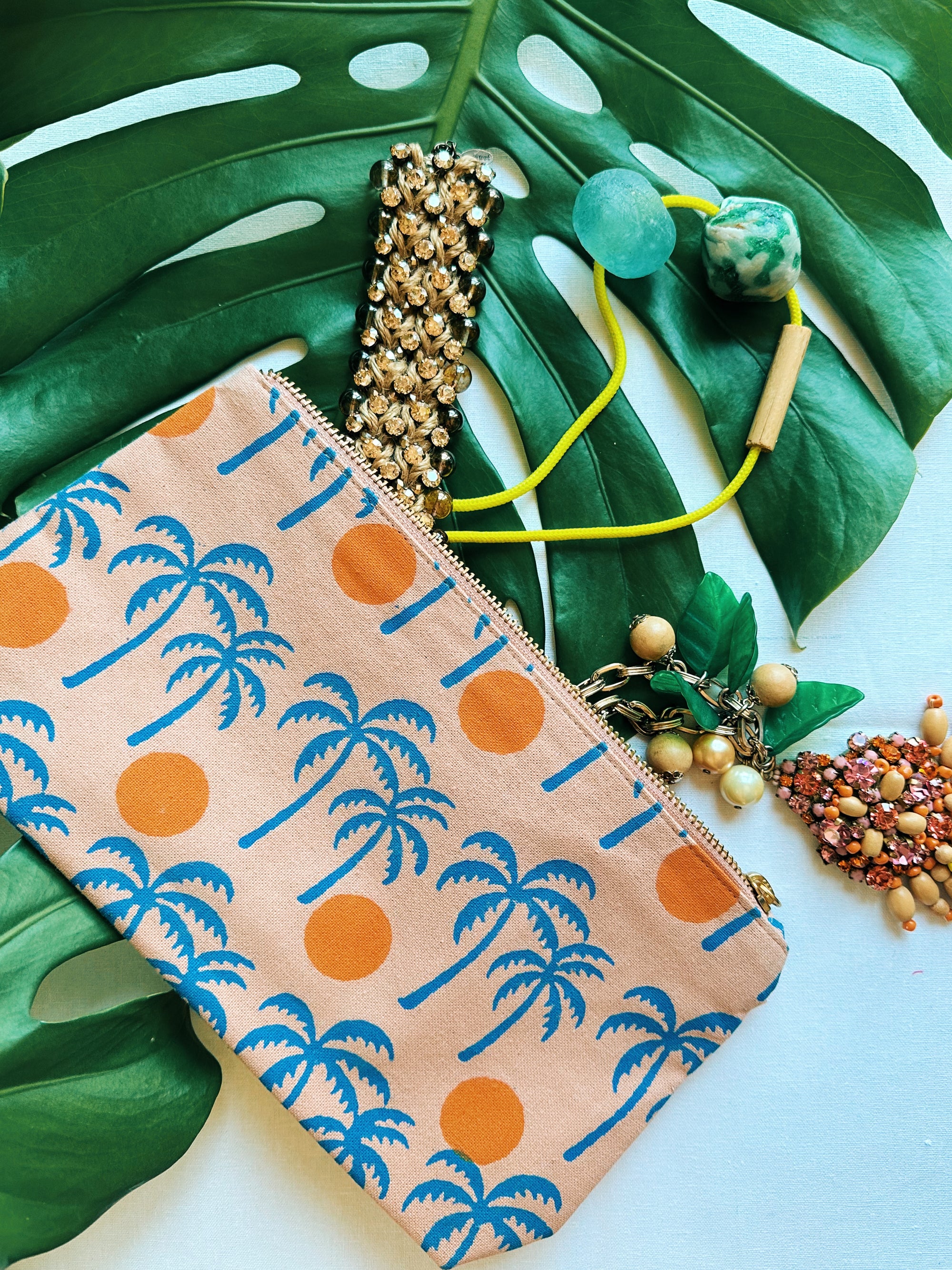 Julie Peach - Palm Sunset Block Printed Pouch -