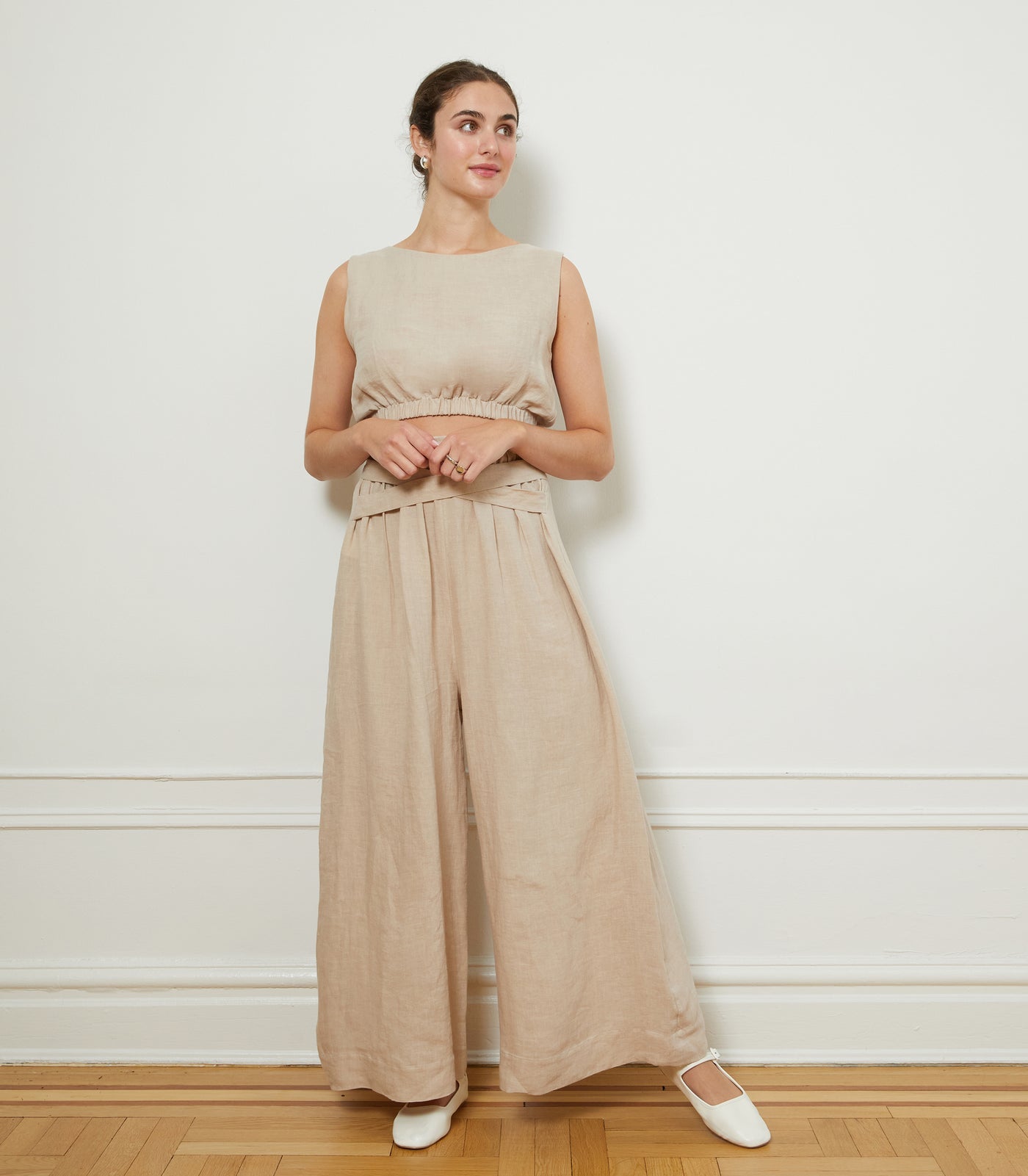 Andy Draped Wide Linen Pants - Ivory