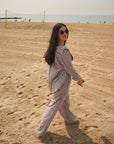 Nelle Atelier - The Tommy Petite Linen Slit Pant - Chocolate Stripe -