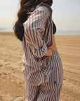 Nelle Atelier - The Tommy Petite Linen Slit Pant - Chocolate Stripe -