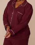 Harper Wilde - Perfect Pima Long Sleeve Button Up (Piping) - Bordeaux -