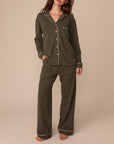 Harper Wilde - Perfect Pima Long Sleeve Button Up (Piping) - Olive -