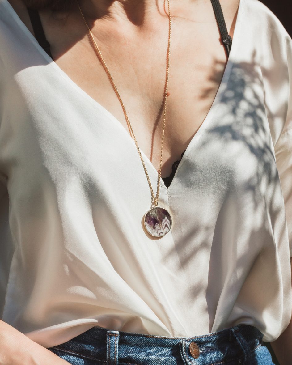 Chevron Amethyst Medallion Long Necklace