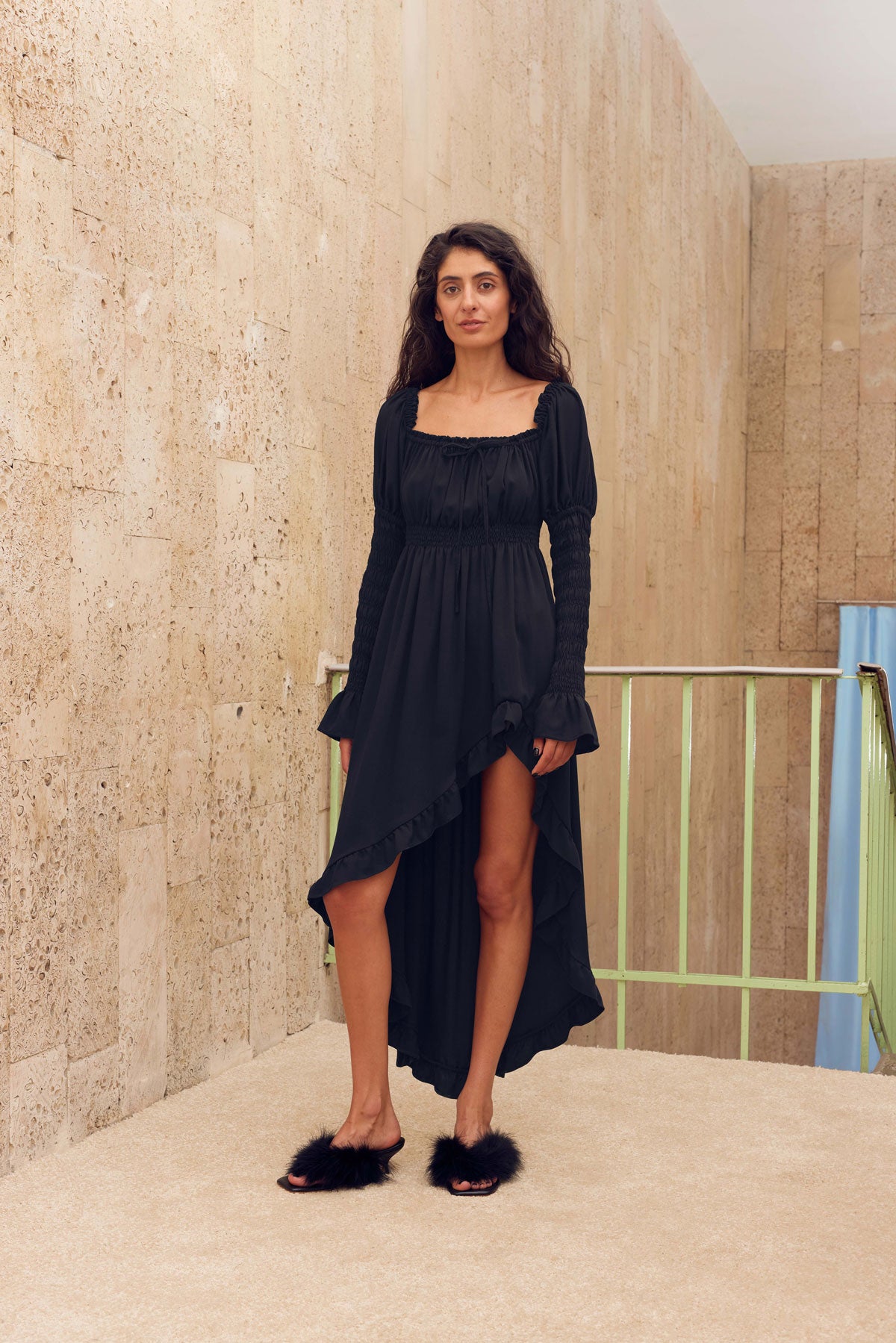 Wild Angel Shirred Asymmetric Dress - Black