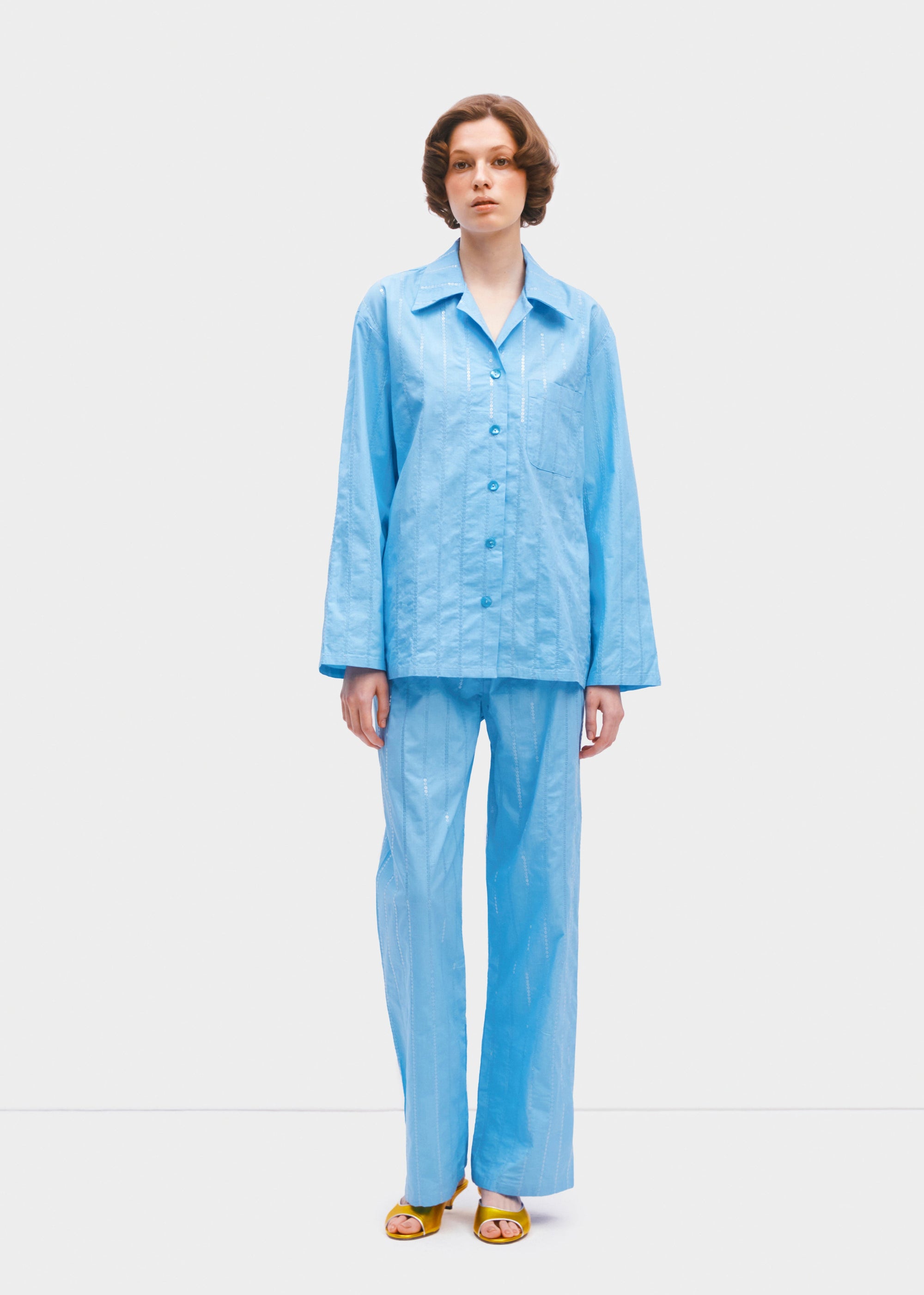 Milky Way Sequined Cotton Pajama Set - Blue