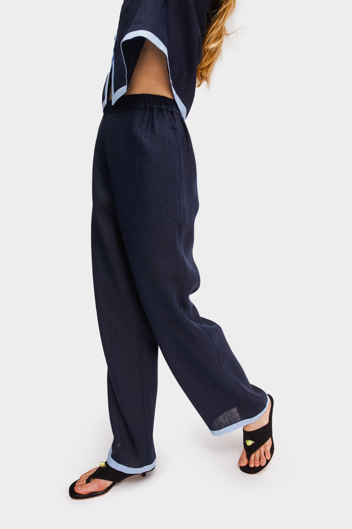 Garrick Embroidered Linen Pants - Navy