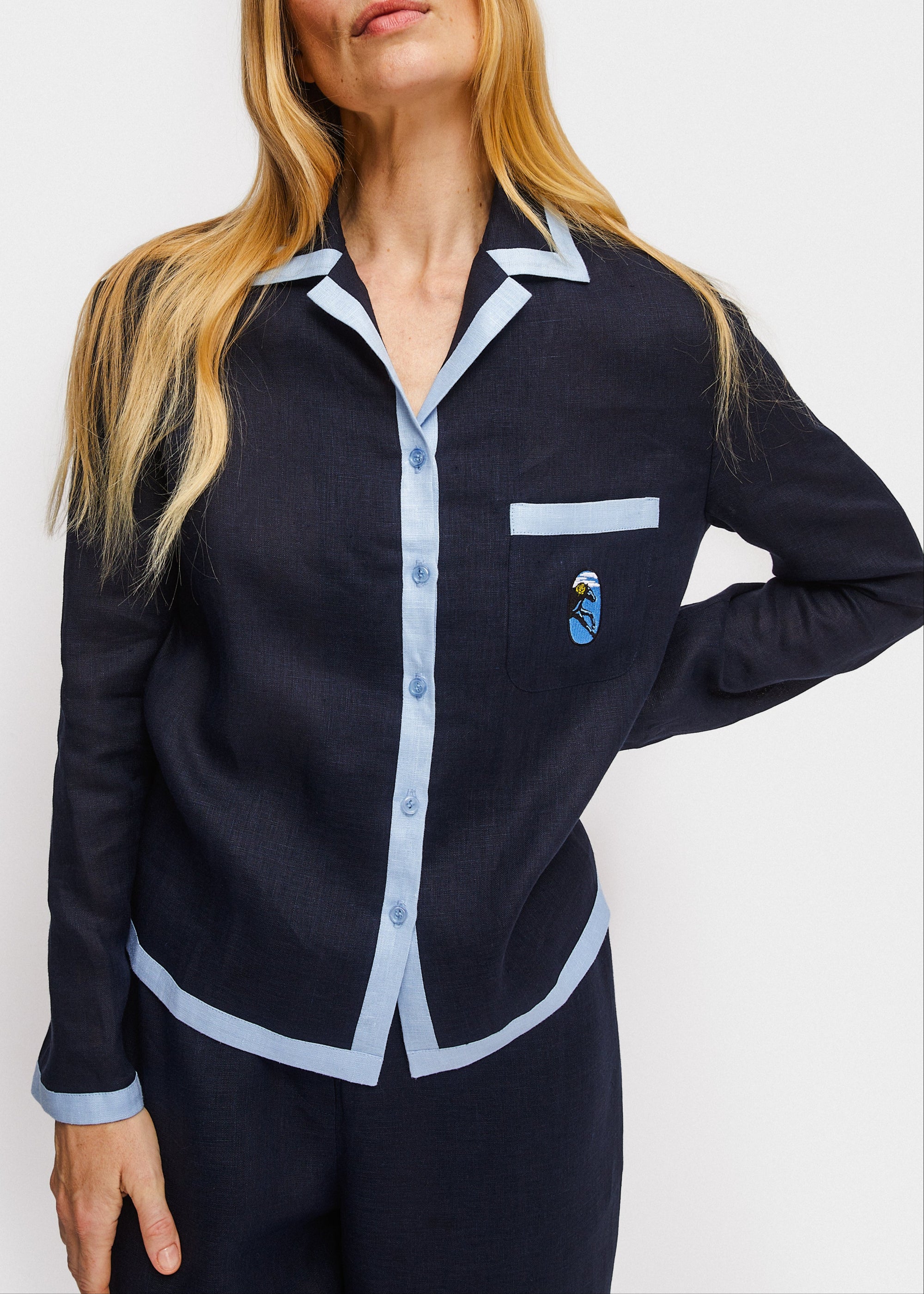 Garrick Embroidered Linen Shirt - Navy