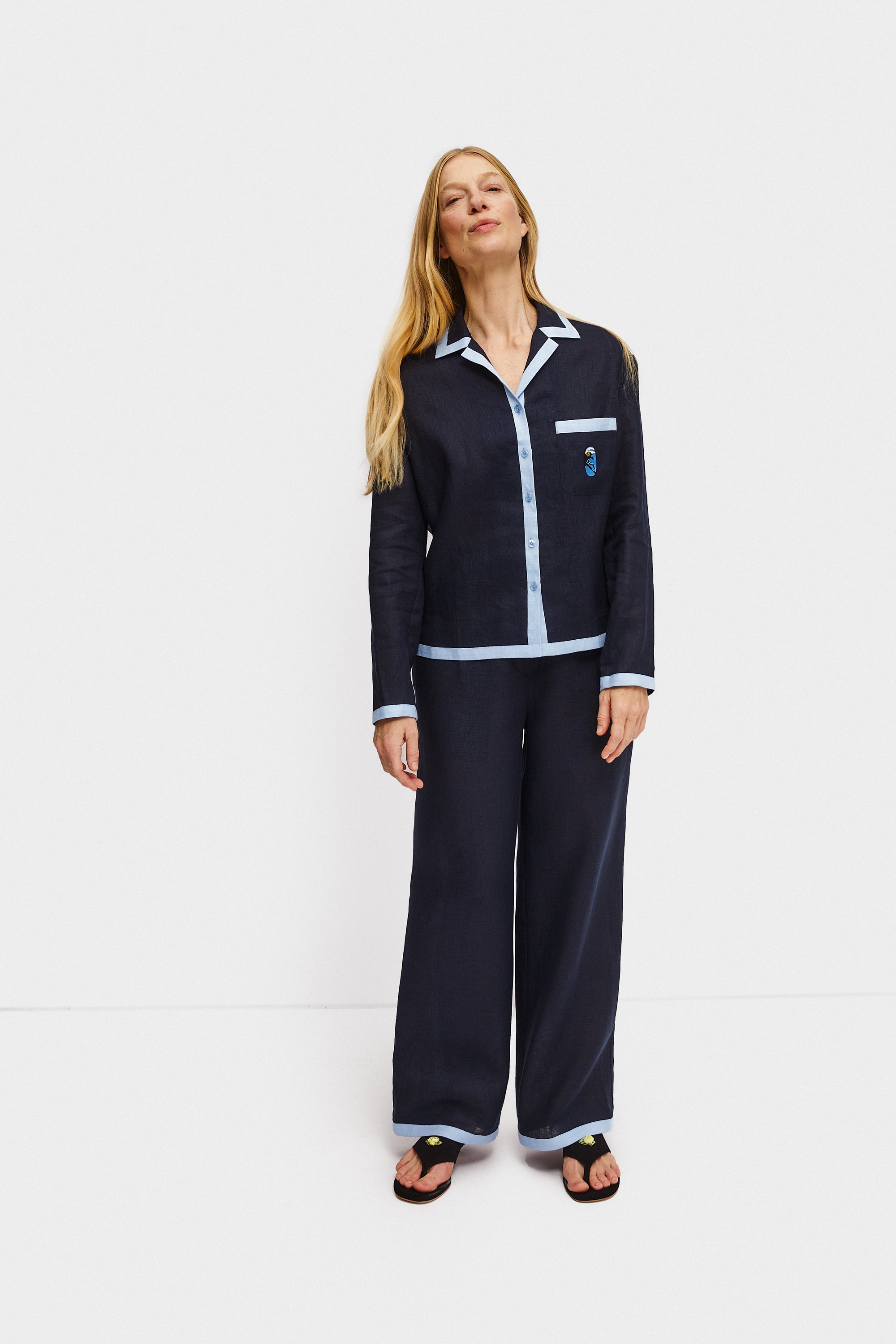 Garrick Embroidered Linen Pants - Navy