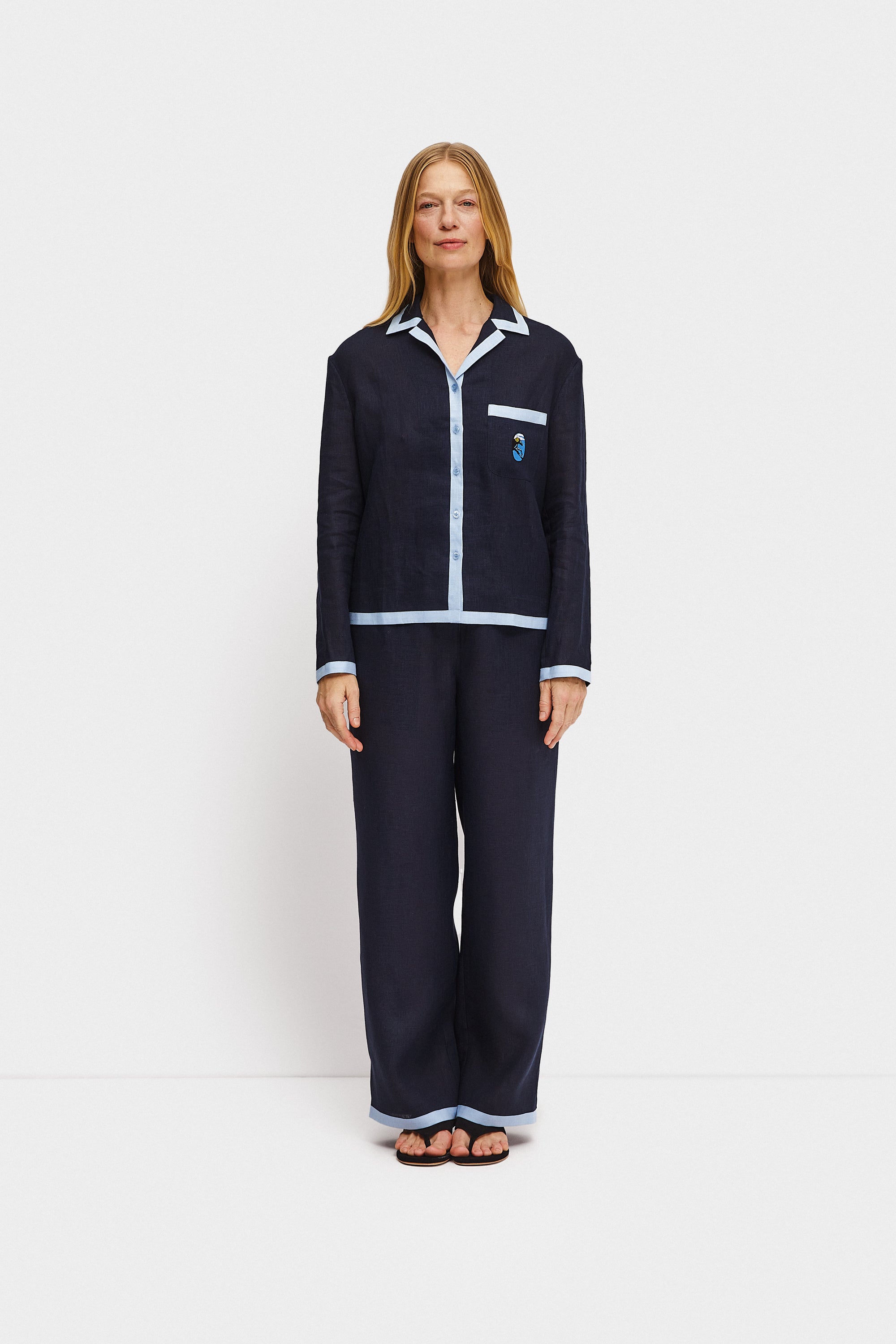 Garrick Embroidered Linen Shirt - Navy
