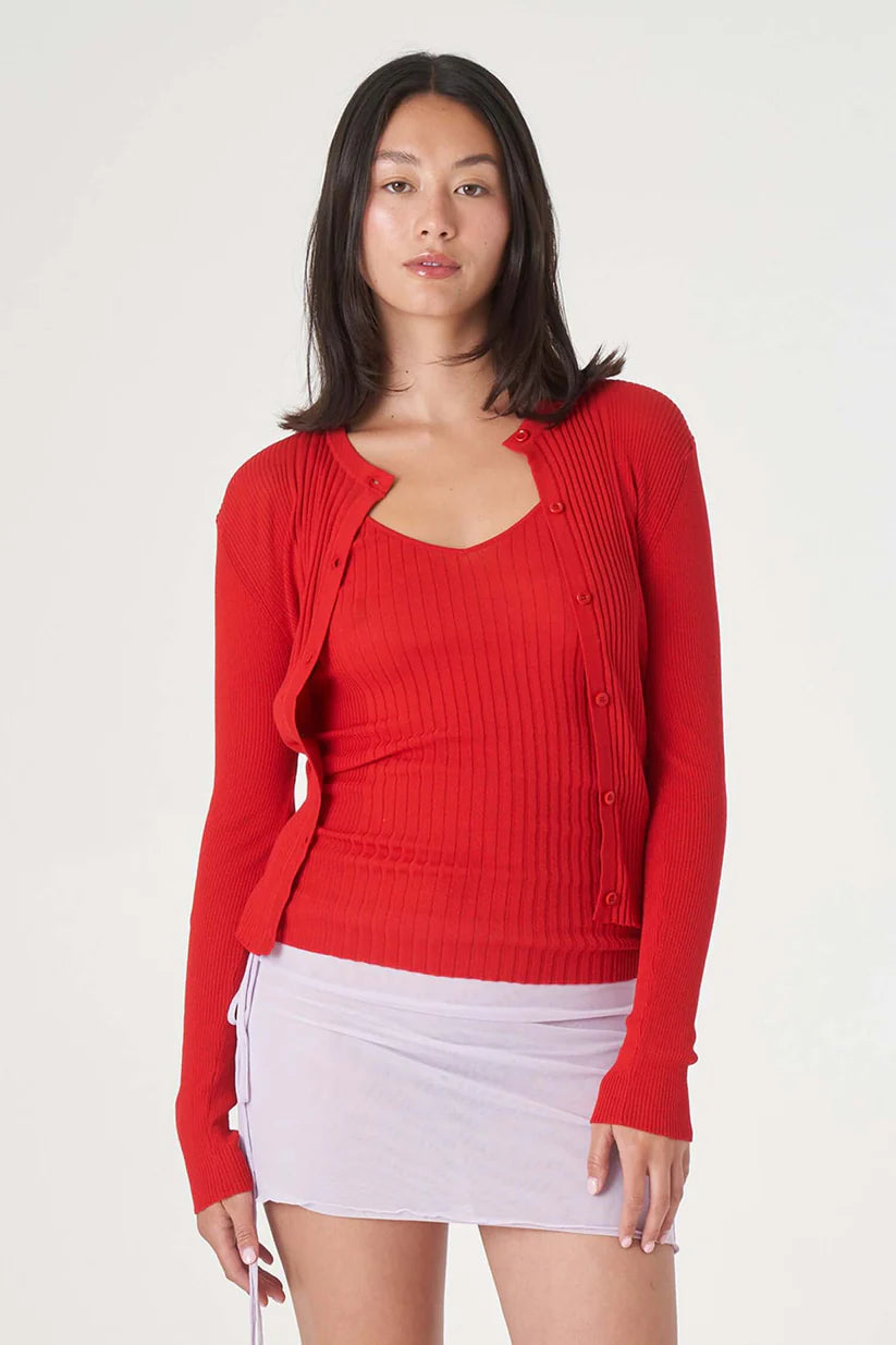 Ribbed Knit Cardigan - Red