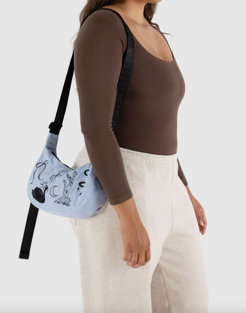 Small Nylon Crescent Bag - Embroidered Ballet Icons