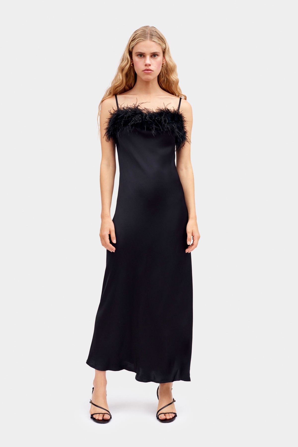 Boheme Slip Dress with Feathers - Black