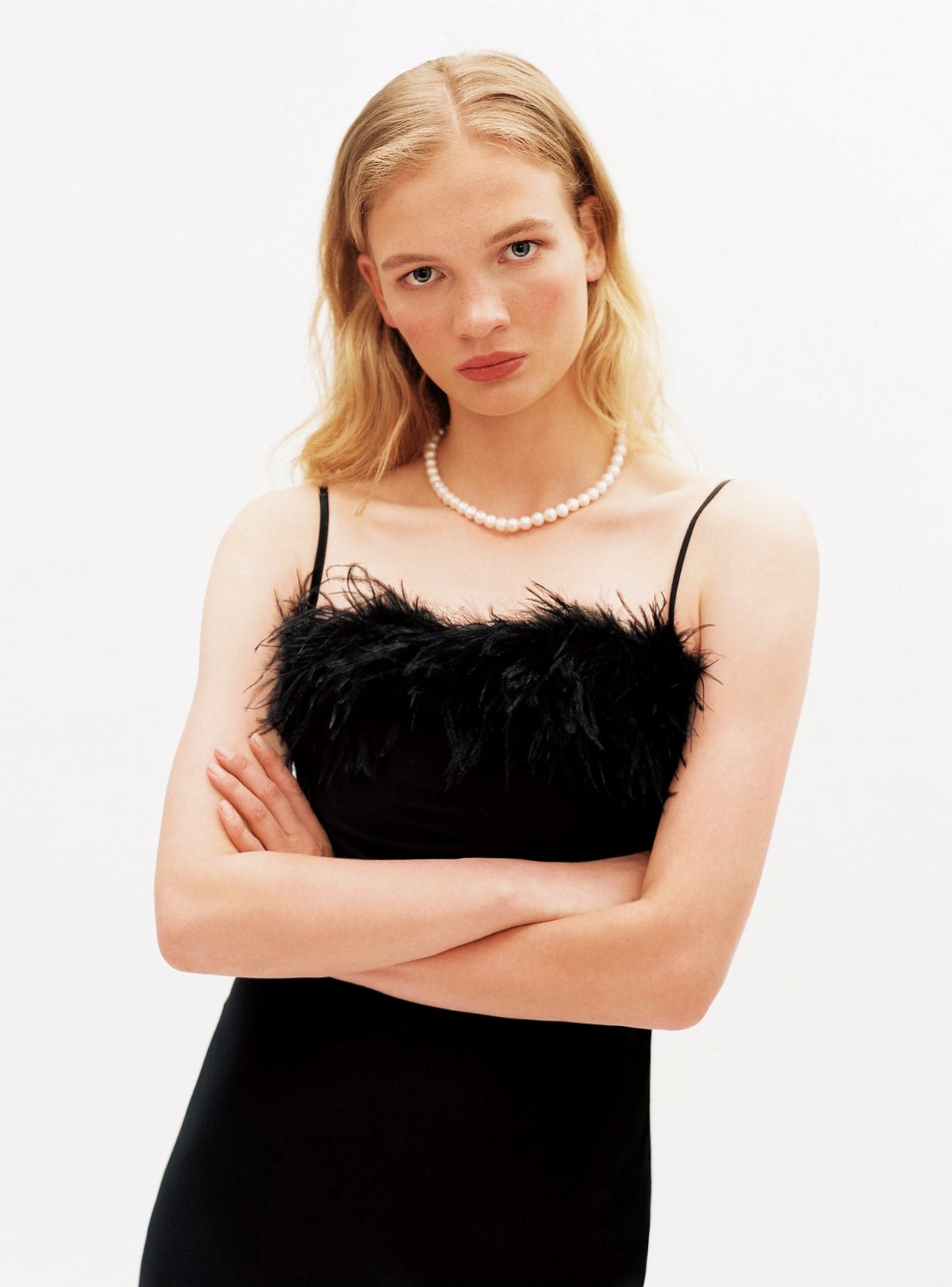 Boheme Slip Dress with Feathers - Black