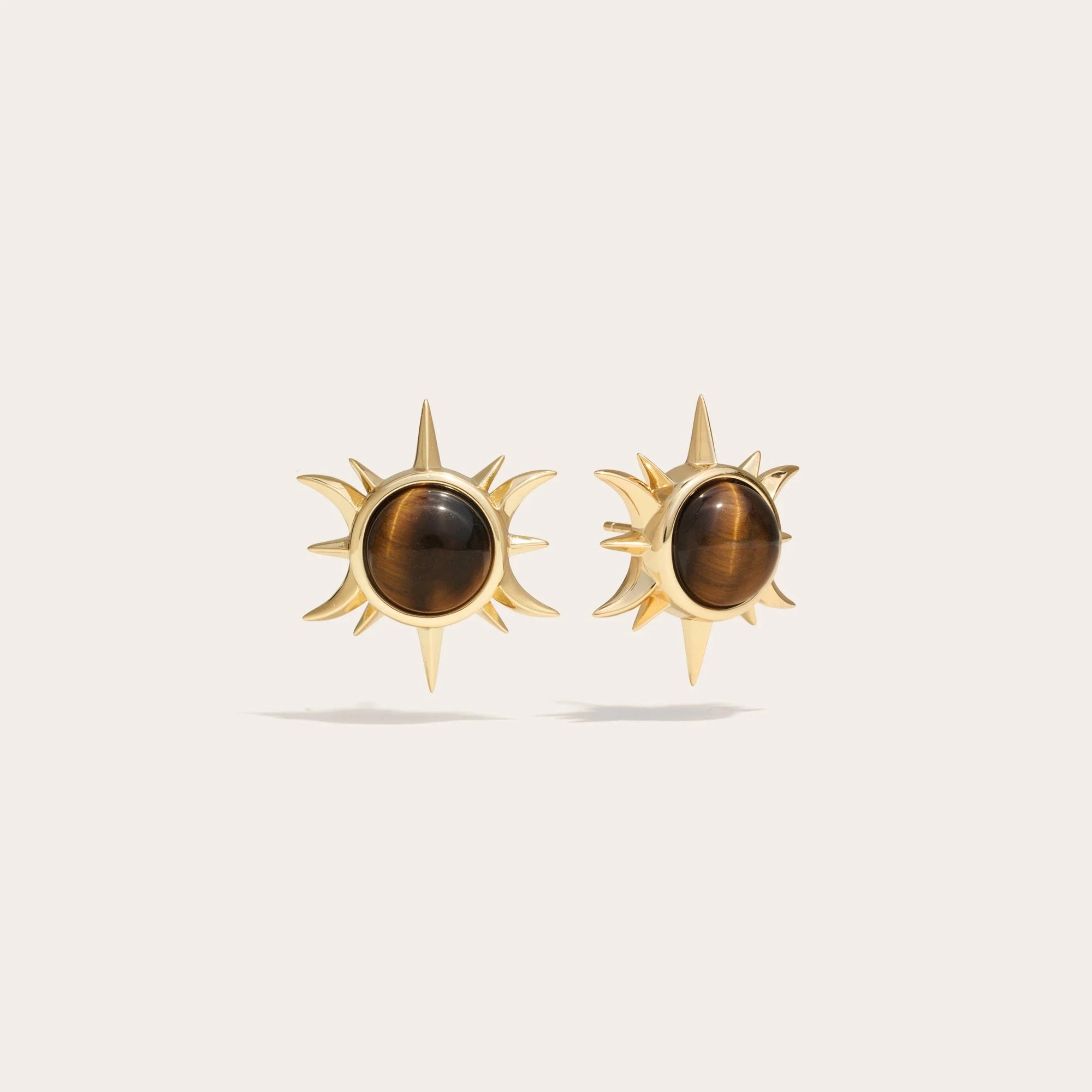 Awe Inspired - Tiger's Eye Triple Moon Studs - 14K Yellow Gold Vermeil