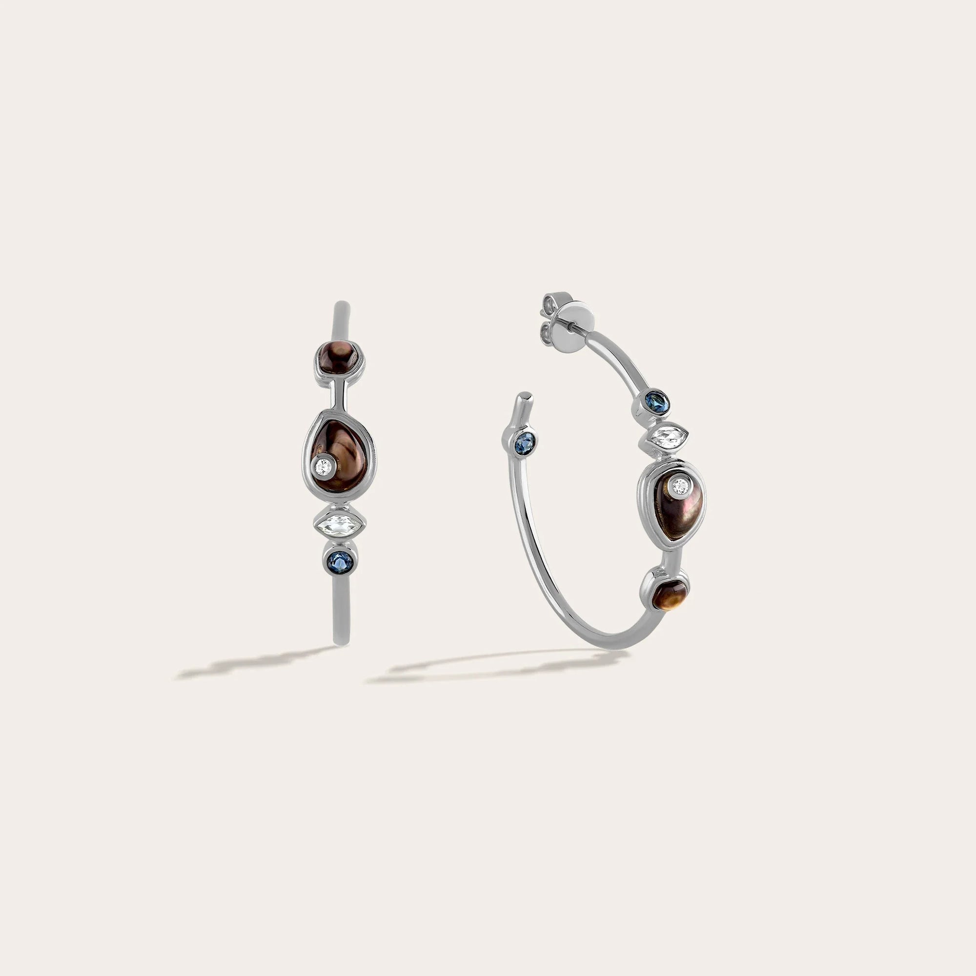 Awe Inspired - Organic Pearl Gemstone Hoops - 925 Sterling Silver Black Mother of Pearl
