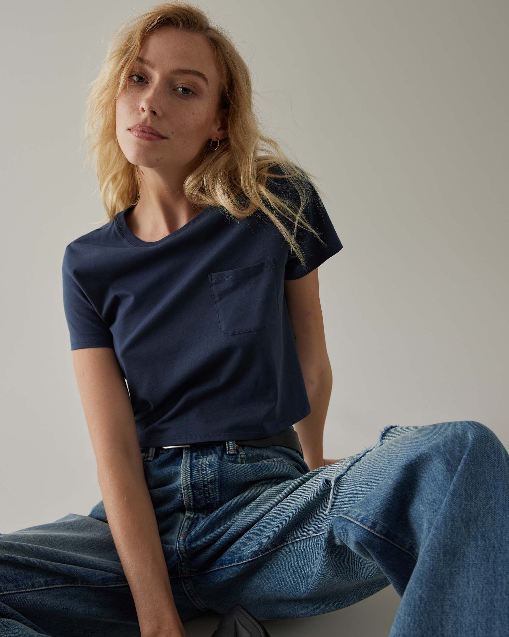 Andie Swim - Womens Pima Boxy Crop Tee - Pima Cotton Jersey - Blue Nights - BLUE NIGHTS