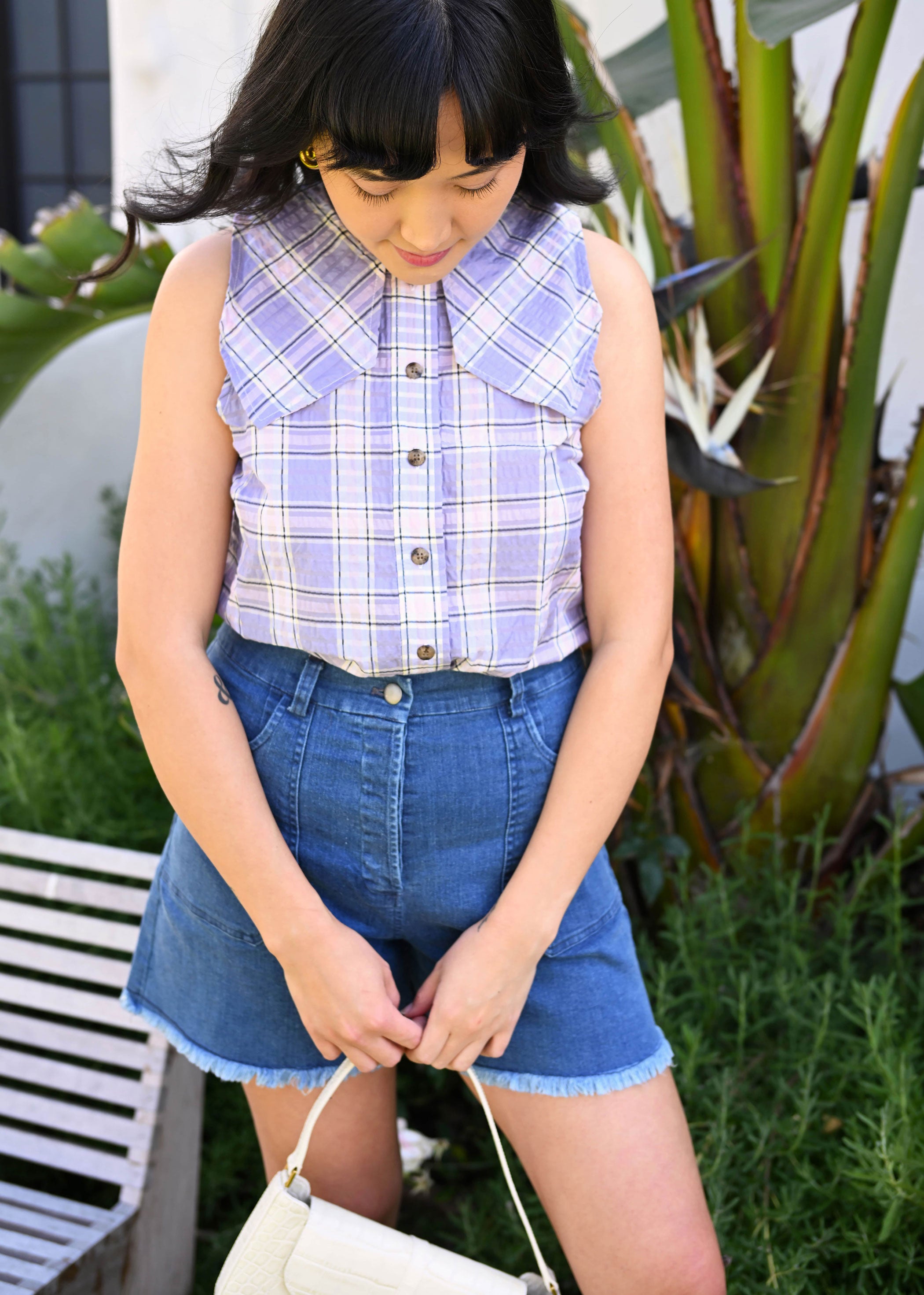 Seersucker Check Sleeveless Shirt Check Persian Violet offe market