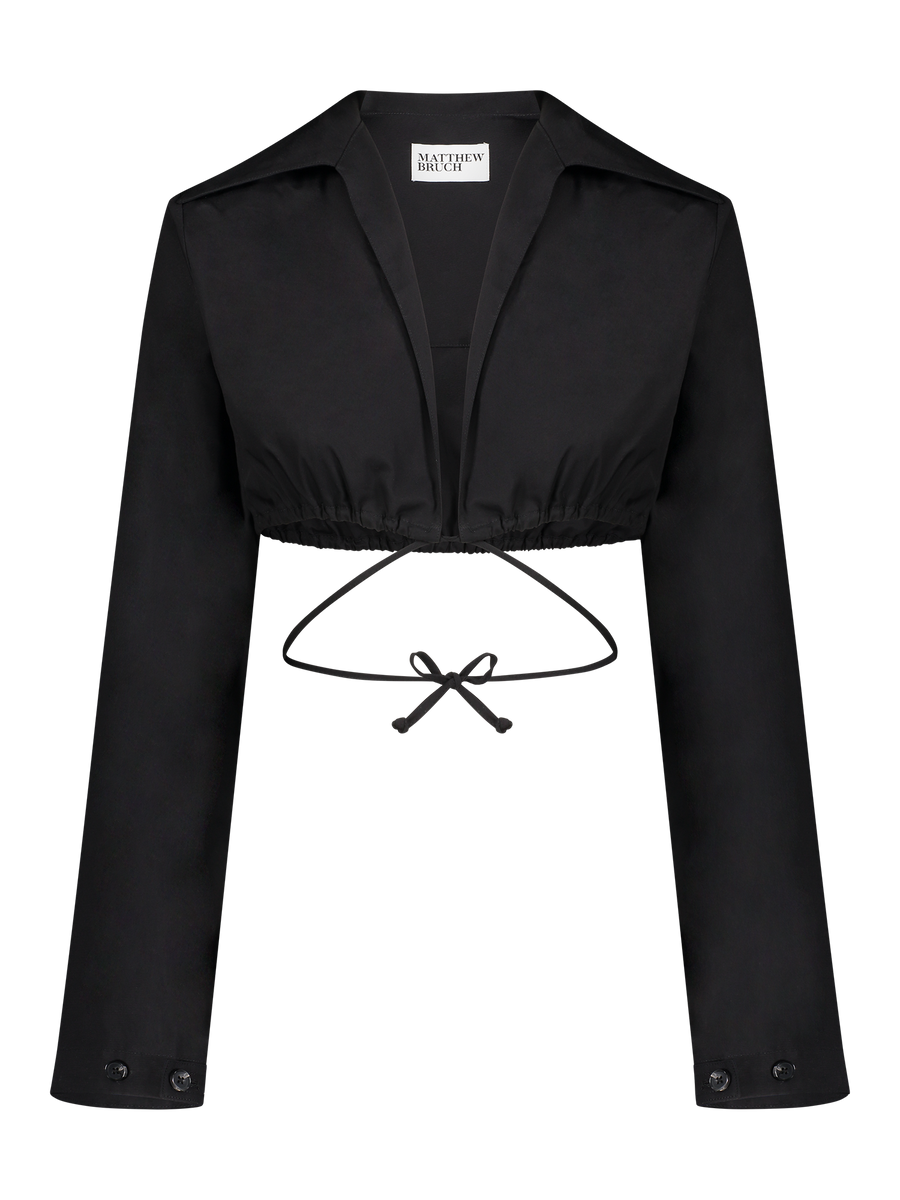 Long Sleeve Spread Collar Crop Top - Black - offe market
