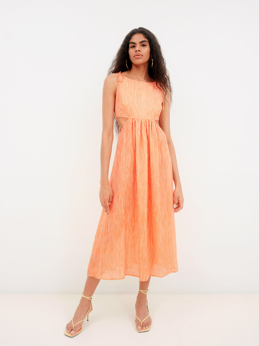 Cutout Tie Strap Midi Dress - Orange - offe market