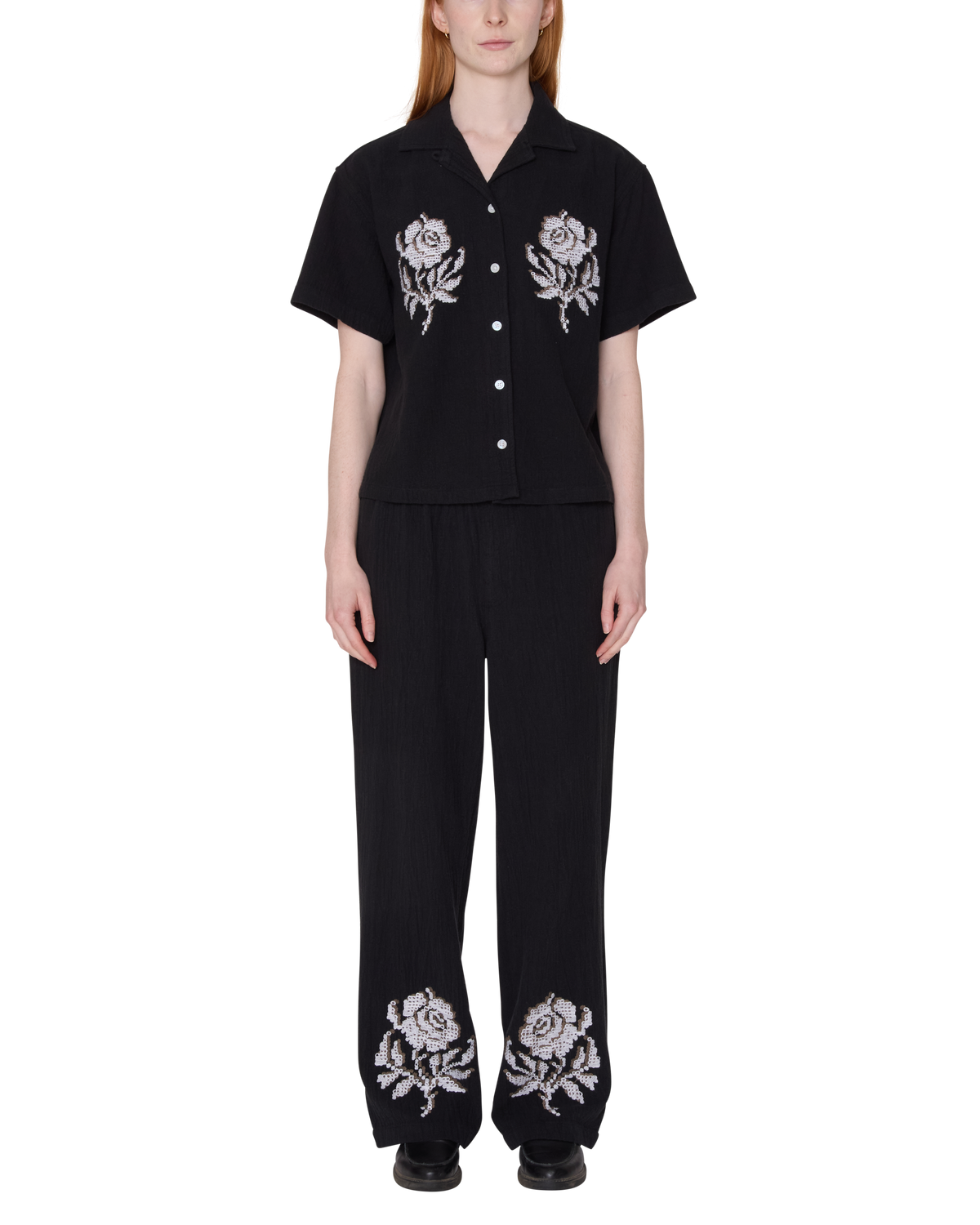 Obey - Roses Embellished Short Sleeve Shirt - Off Black -
