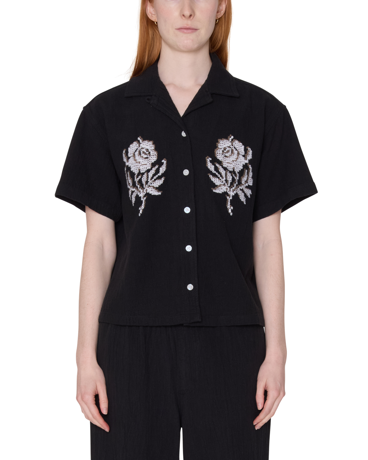 Obey - Roses Embellished Short Sleeve Shirt - Off Black -