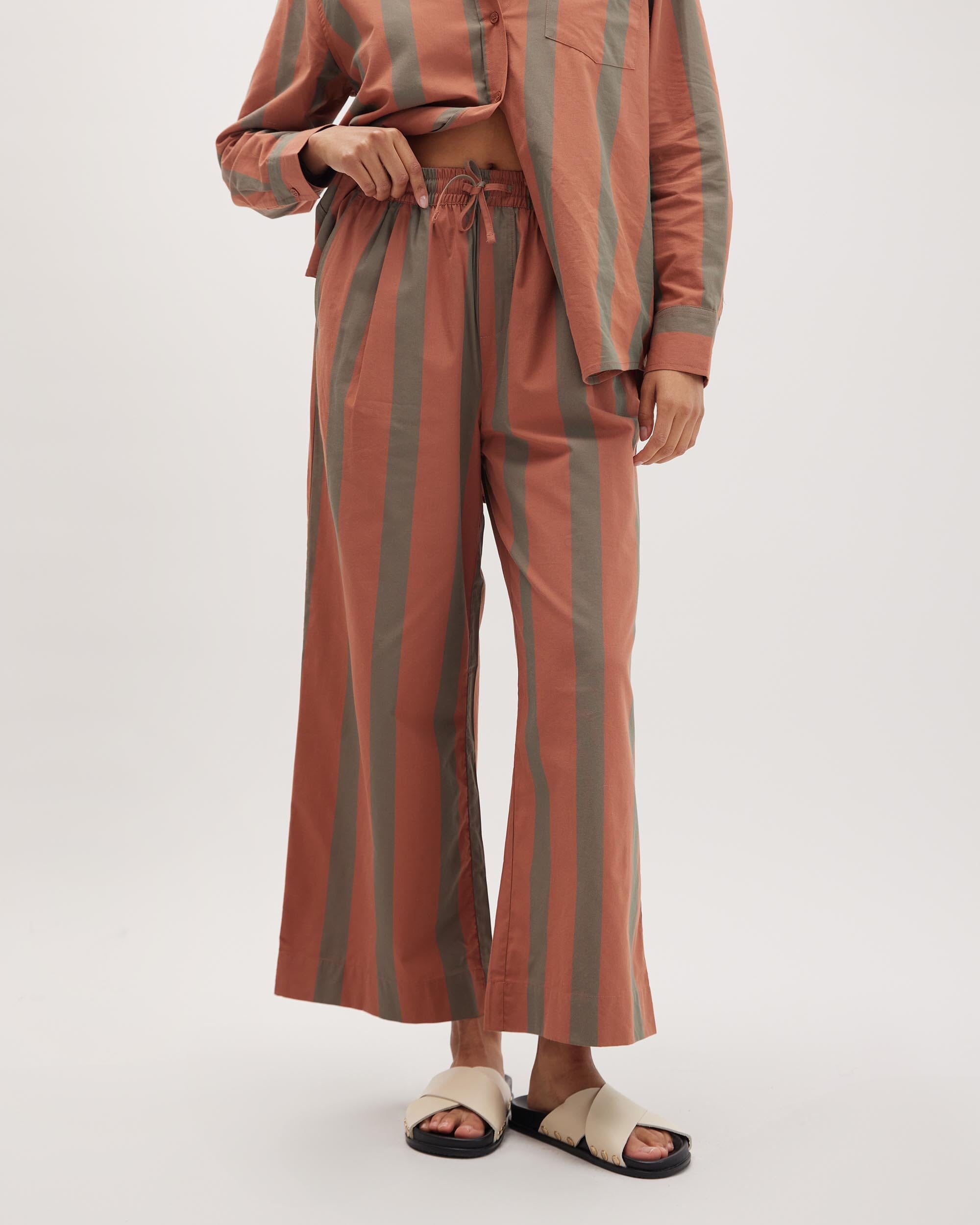 Andie Swim - Womens Venice Drawstring Pant - Cotton Rayon Woven - Russet Sage Stripe -
