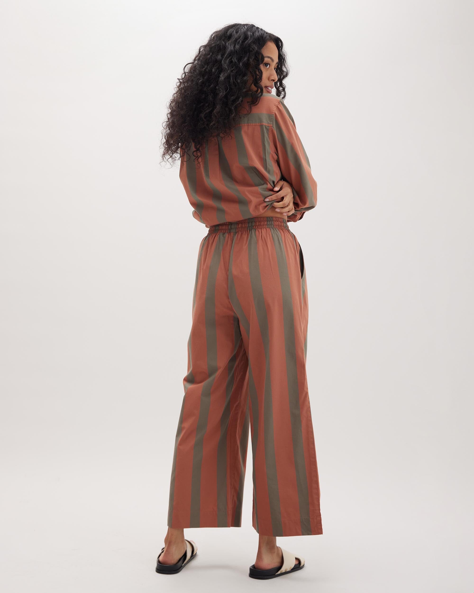 Andie Swim - Womens Venice Drawstring Pant - Cotton Rayon Woven - Russet Sage Stripe -