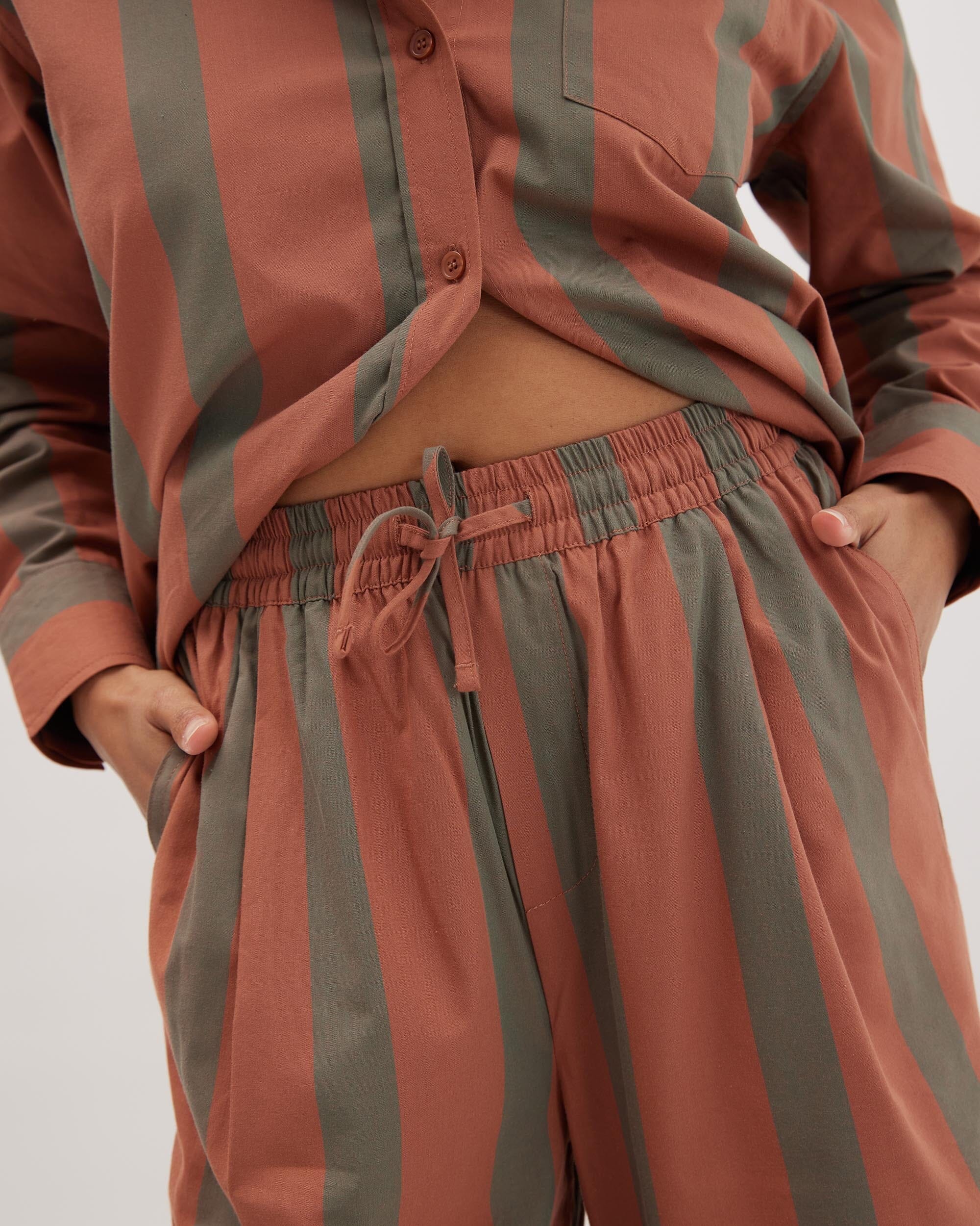 Andie Swim - Womens Venice Drawstring Pant - Cotton Rayon Woven - Russet Sage Stripe -