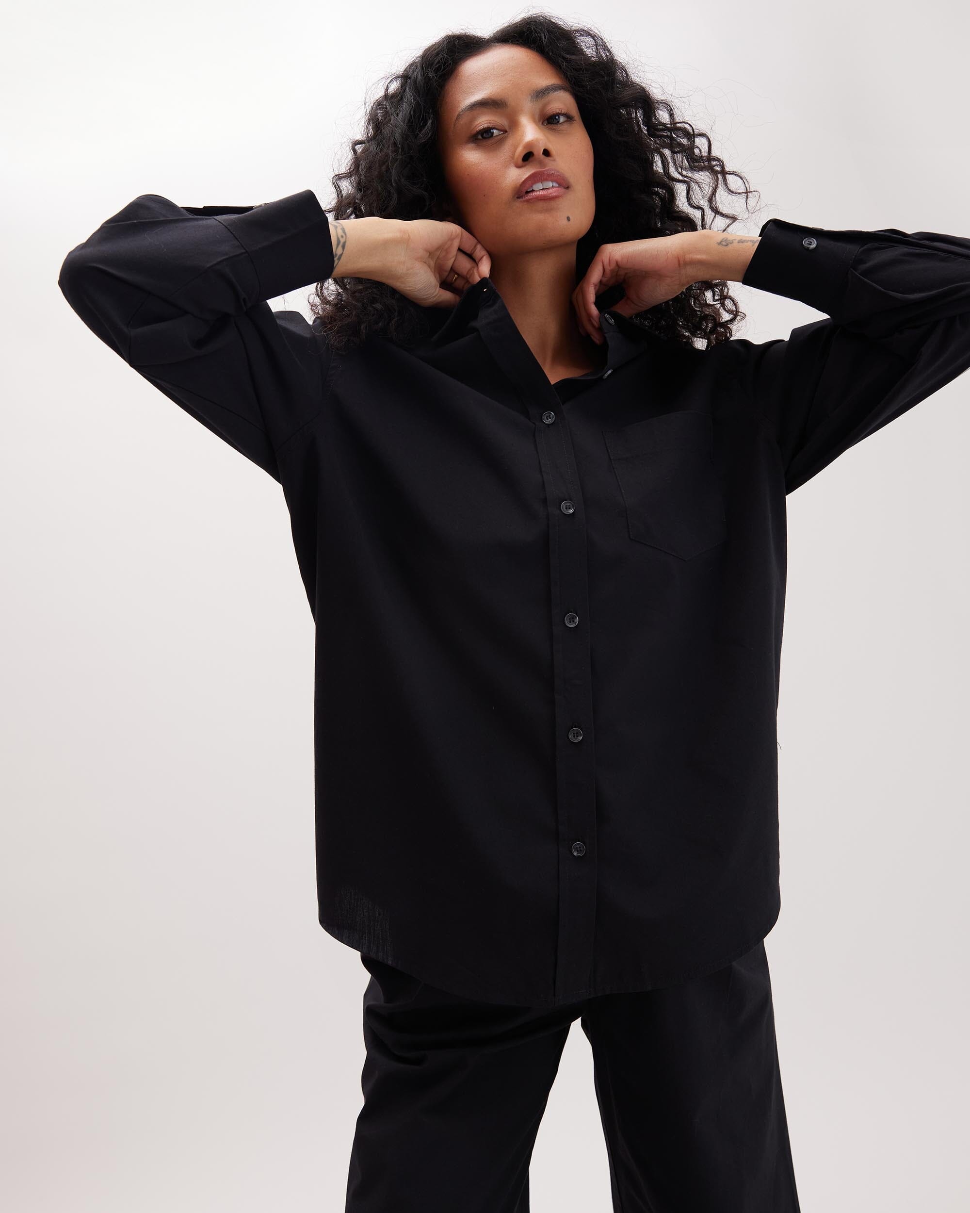Andie Swim - Womens Venice Button Up Shirt - Cotton Rayon Woven - Black - BLACK