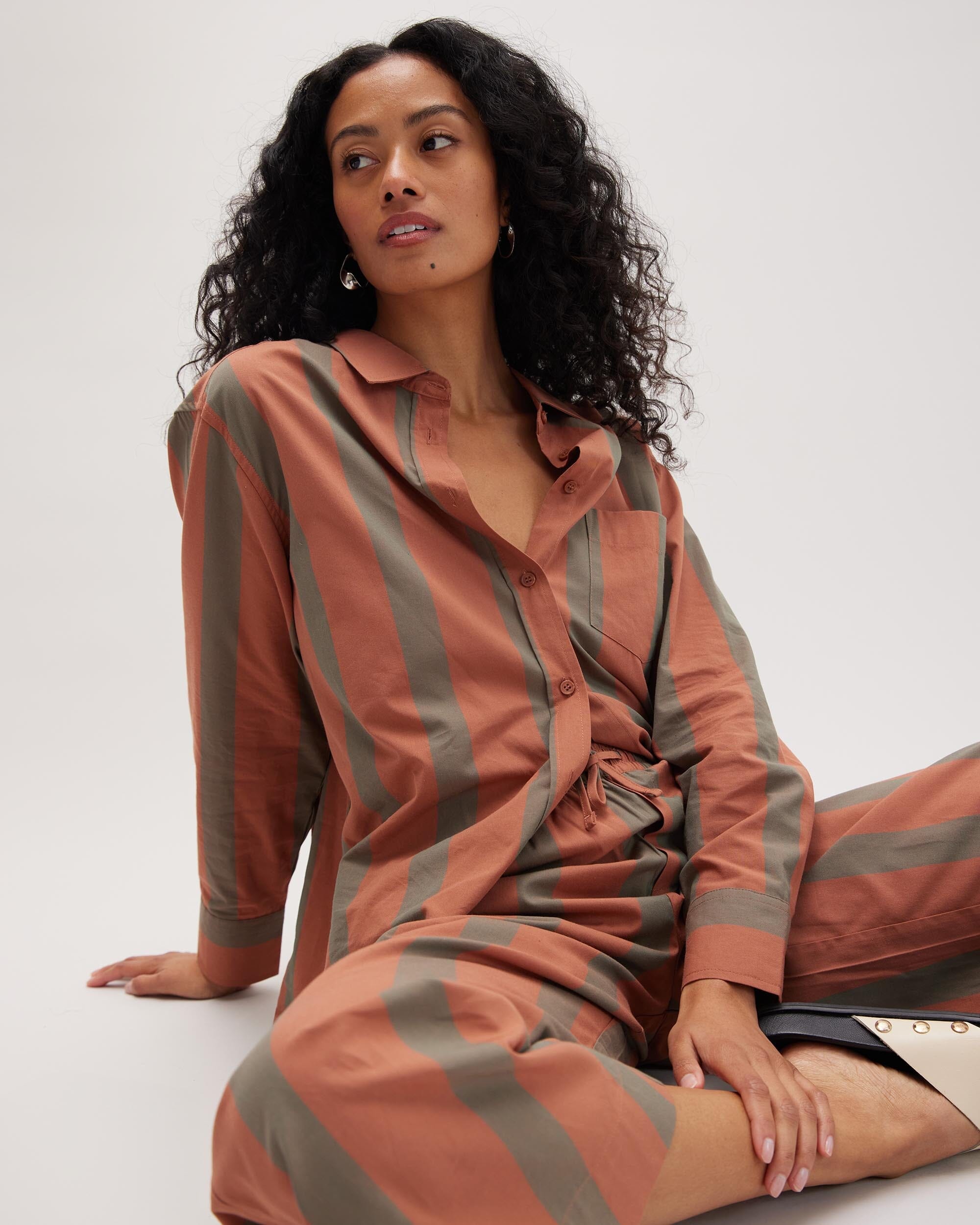 Andie Swim - Womens Venice Button Up Shirt - Cotton Rayon Woven - Russet Sage Stripe - RUSSET SAGE STRIPE
