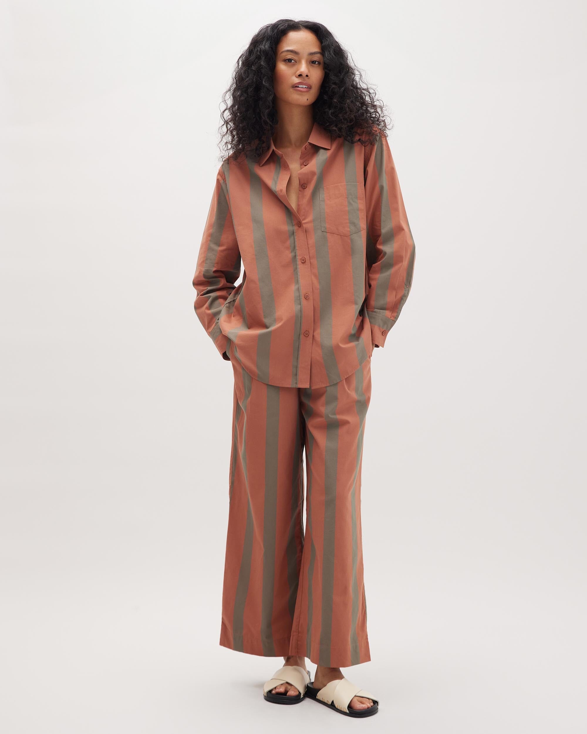 Andie Swim - Womens Venice Button Up Shirt - Cotton Rayon Woven - Russet Sage Stripe -