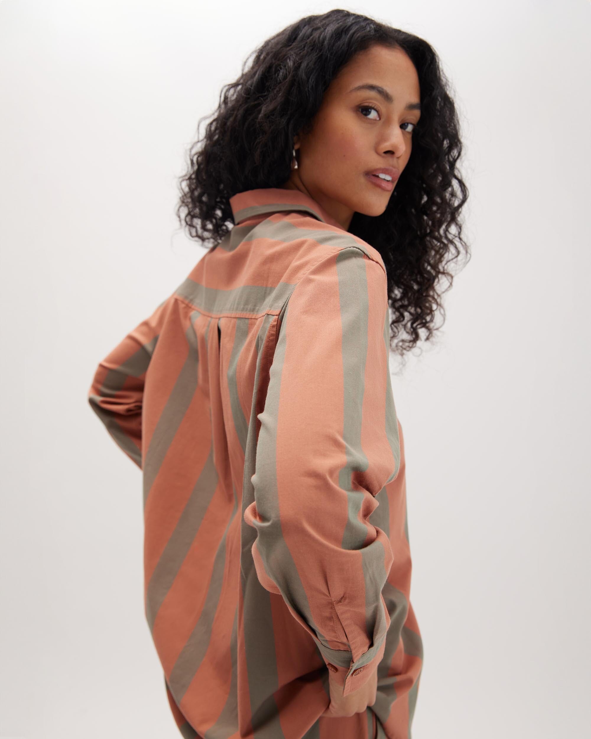 Andie Swim - Womens Venice Button Up Shirt - Cotton Rayon Woven - Russet Sage Stripe -