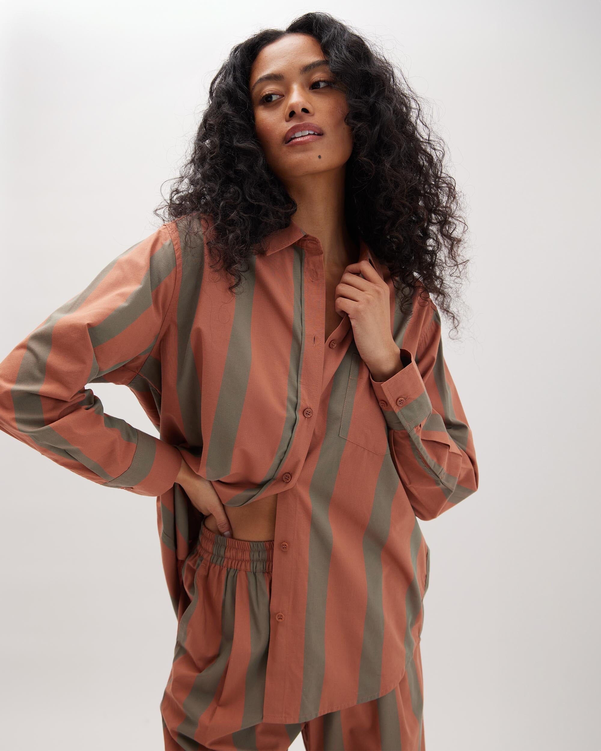 Andie Swim - Womens Venice Button Up Shirt - Cotton Rayon Woven - Russet Sage Stripe -