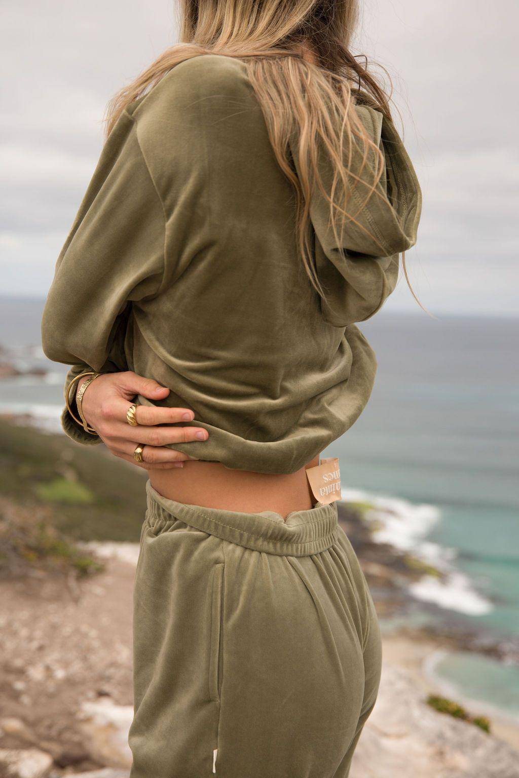 Velour Crop Hoodie Khaki