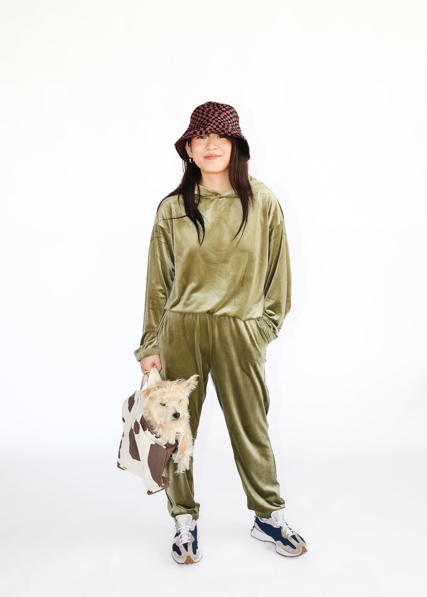 Velour Crop Hoodie - Khaki - offe market